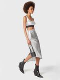 Silver mid-length drapé pression slit skirt