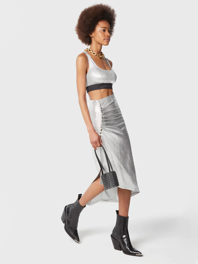 Silver mid-length drapé pression slit skirt - Image 1