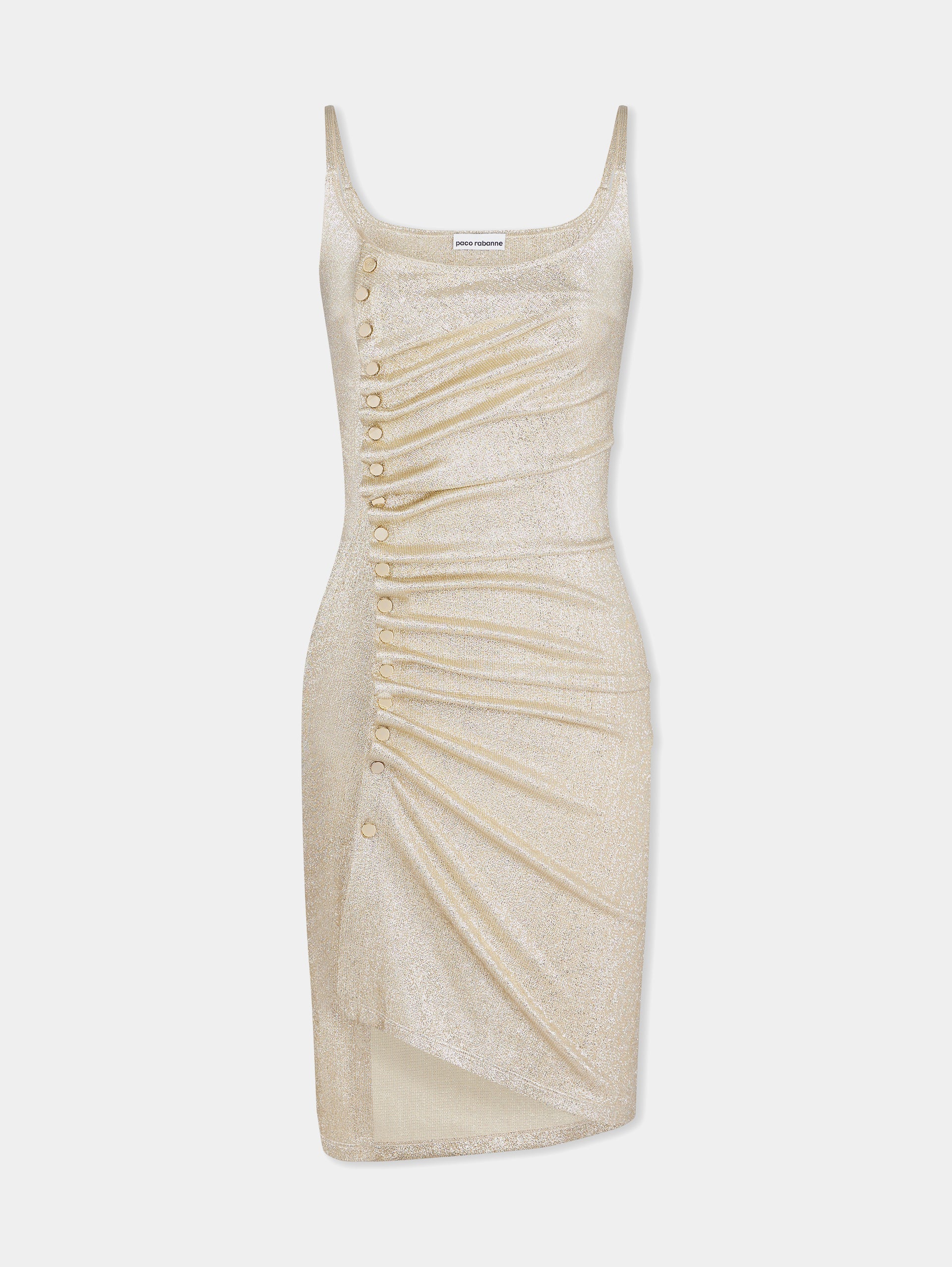 Gold sleeveless drapé pression mini dress