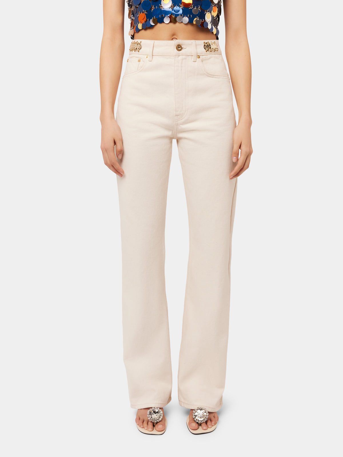 OFF WHITE DENIM FLARE JEANS WITH ASSEMBLY 1969 DISCS - Image 1
