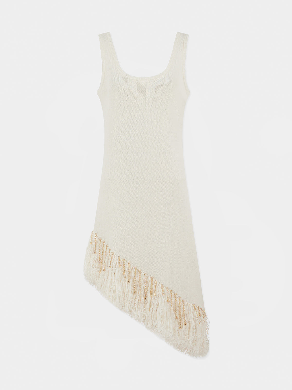 Asymmetrical off white woven dress with knitted beads and feathers
