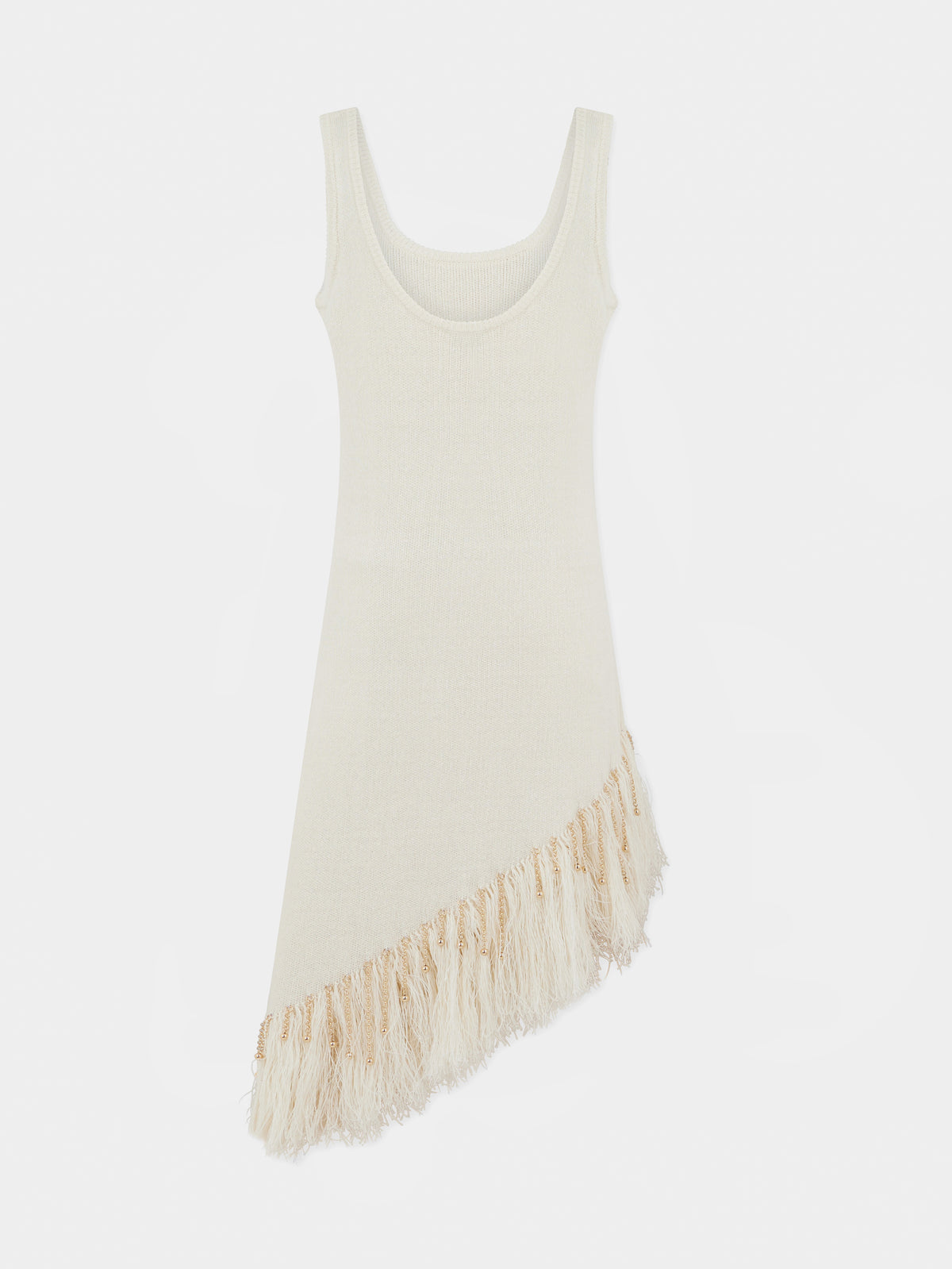 Asymmetrical off white woven dress with knitted beads and feathers