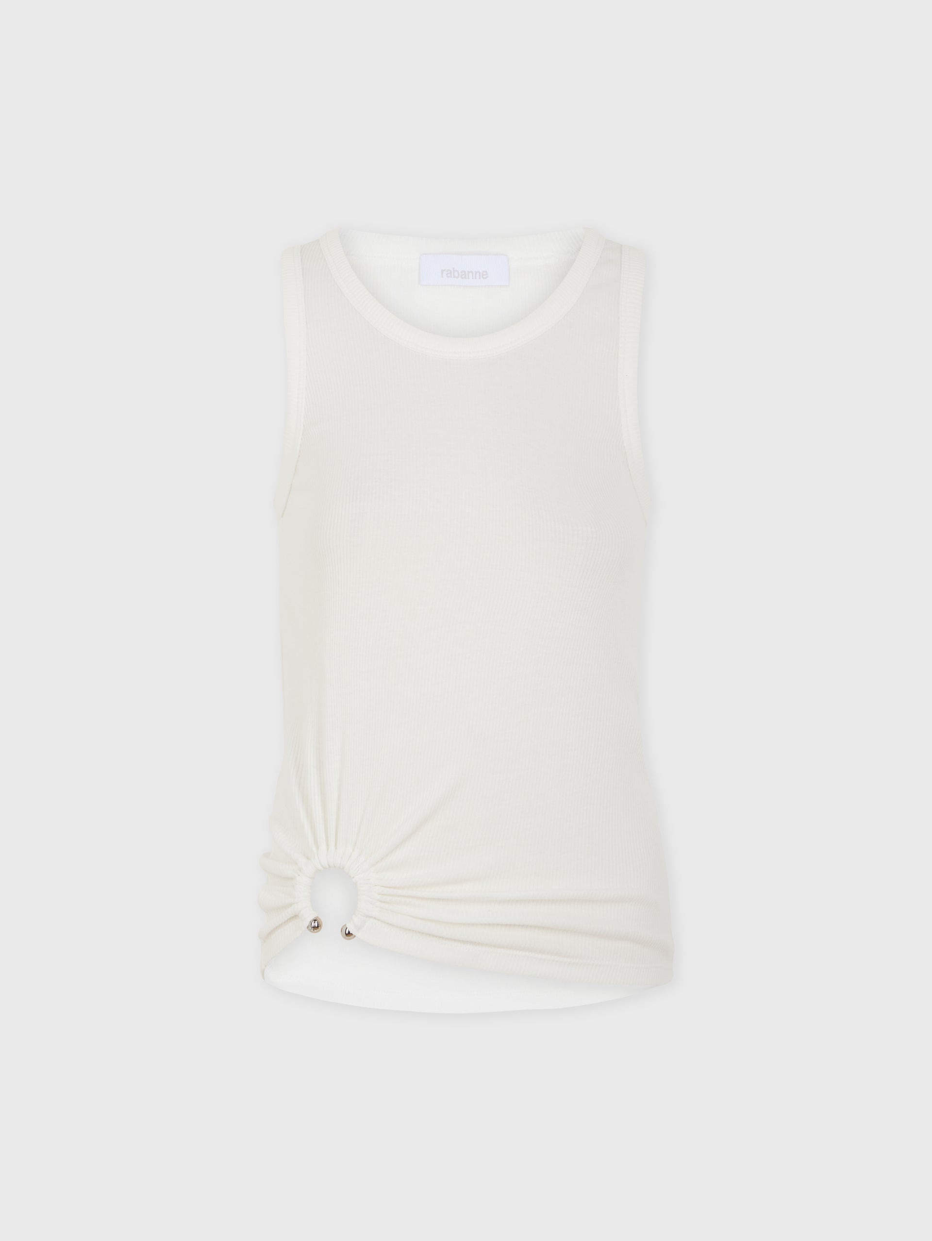 White tank top with signature piercing position 6