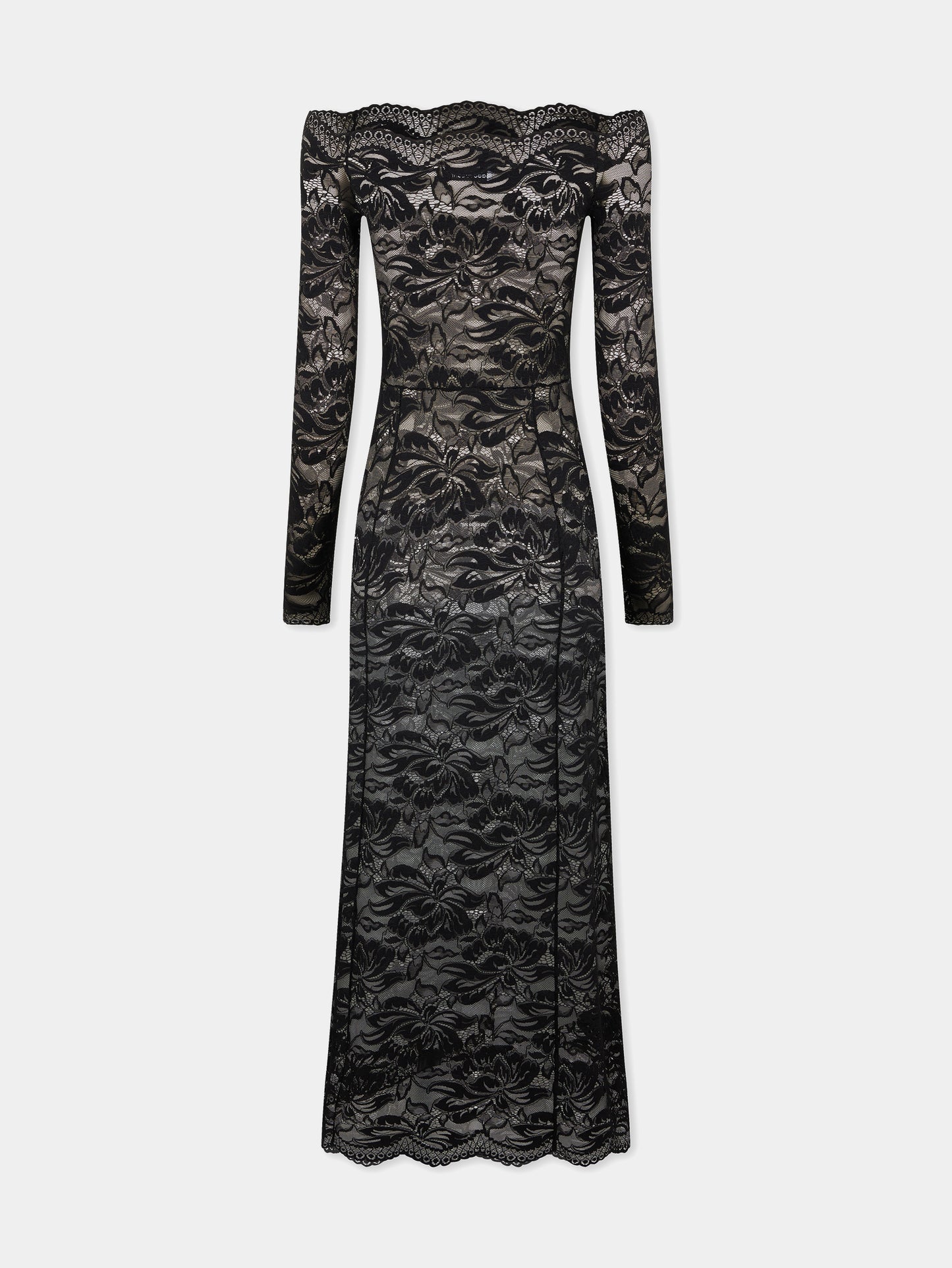 Long black lace dress with bardot collar