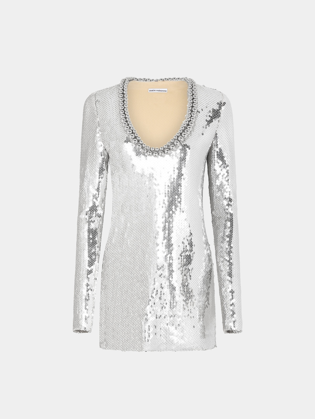 Mini silver sequins dress with round neckline