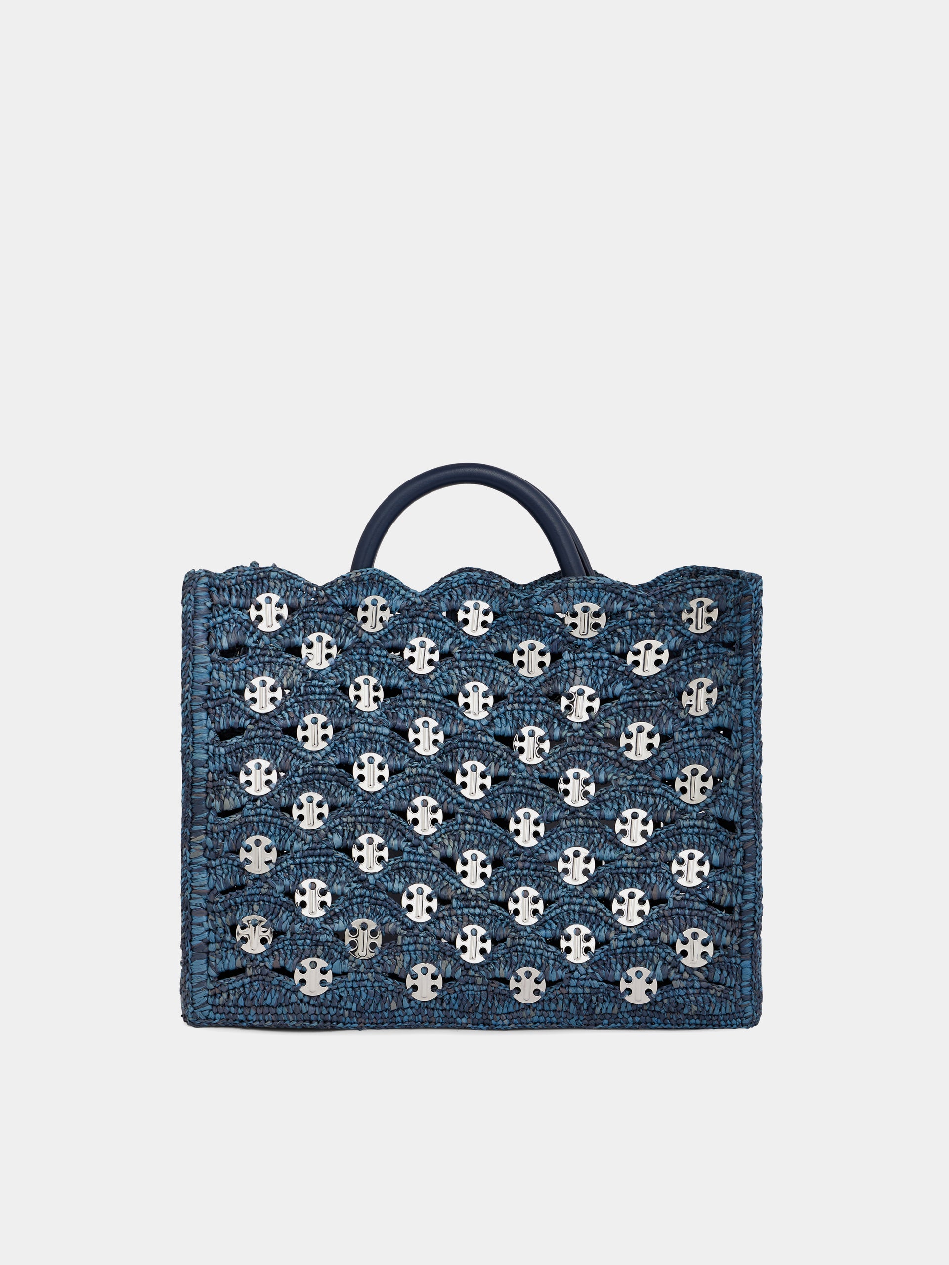 Denim blue tote bag in raffia position 1