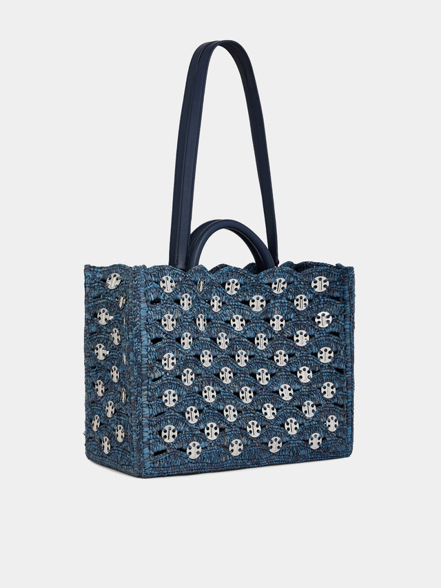 Denim blue tote bag in raffia - Image 3