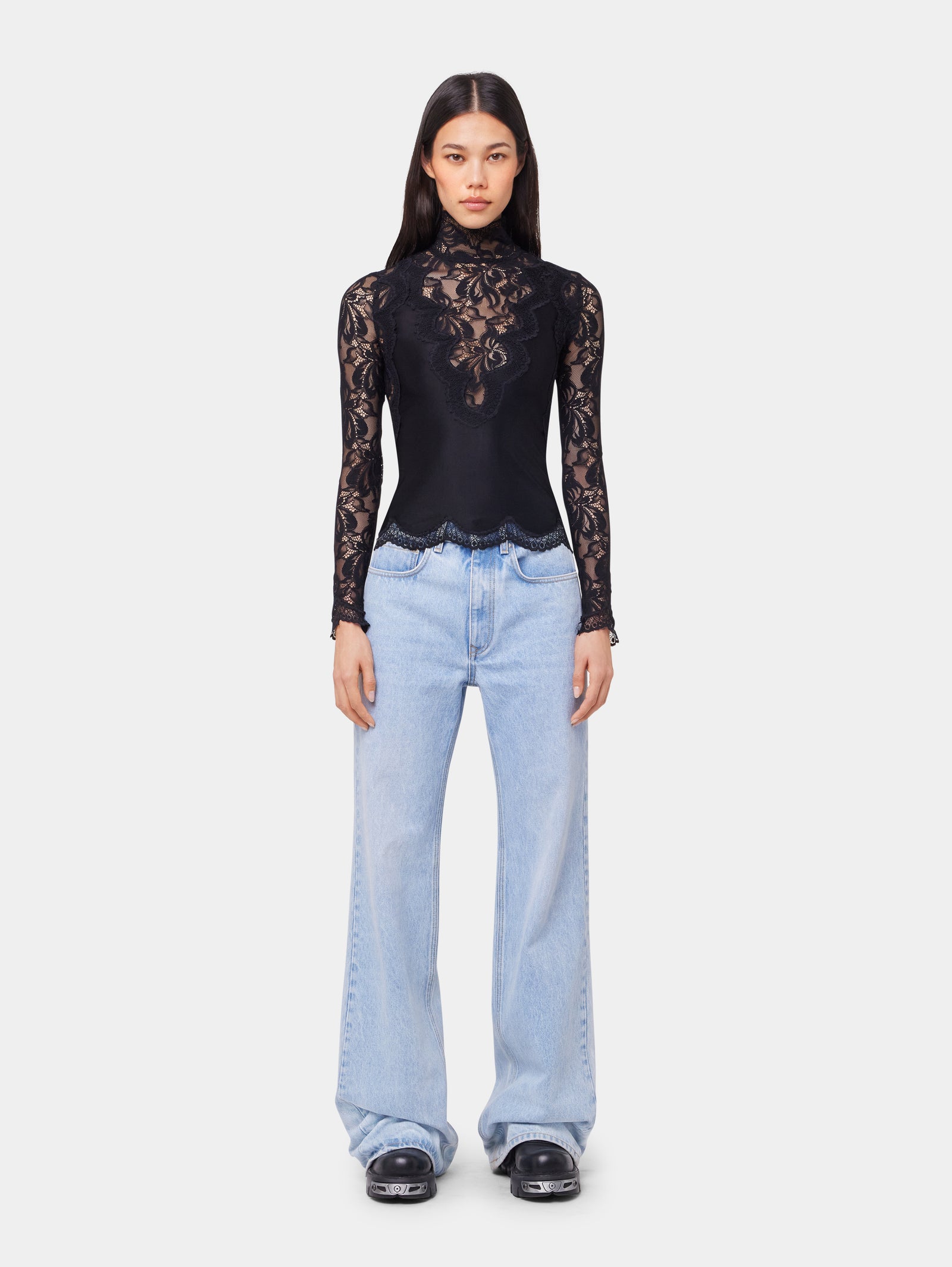 Black long sleeve top in lace and jersey position 4 - Image 2