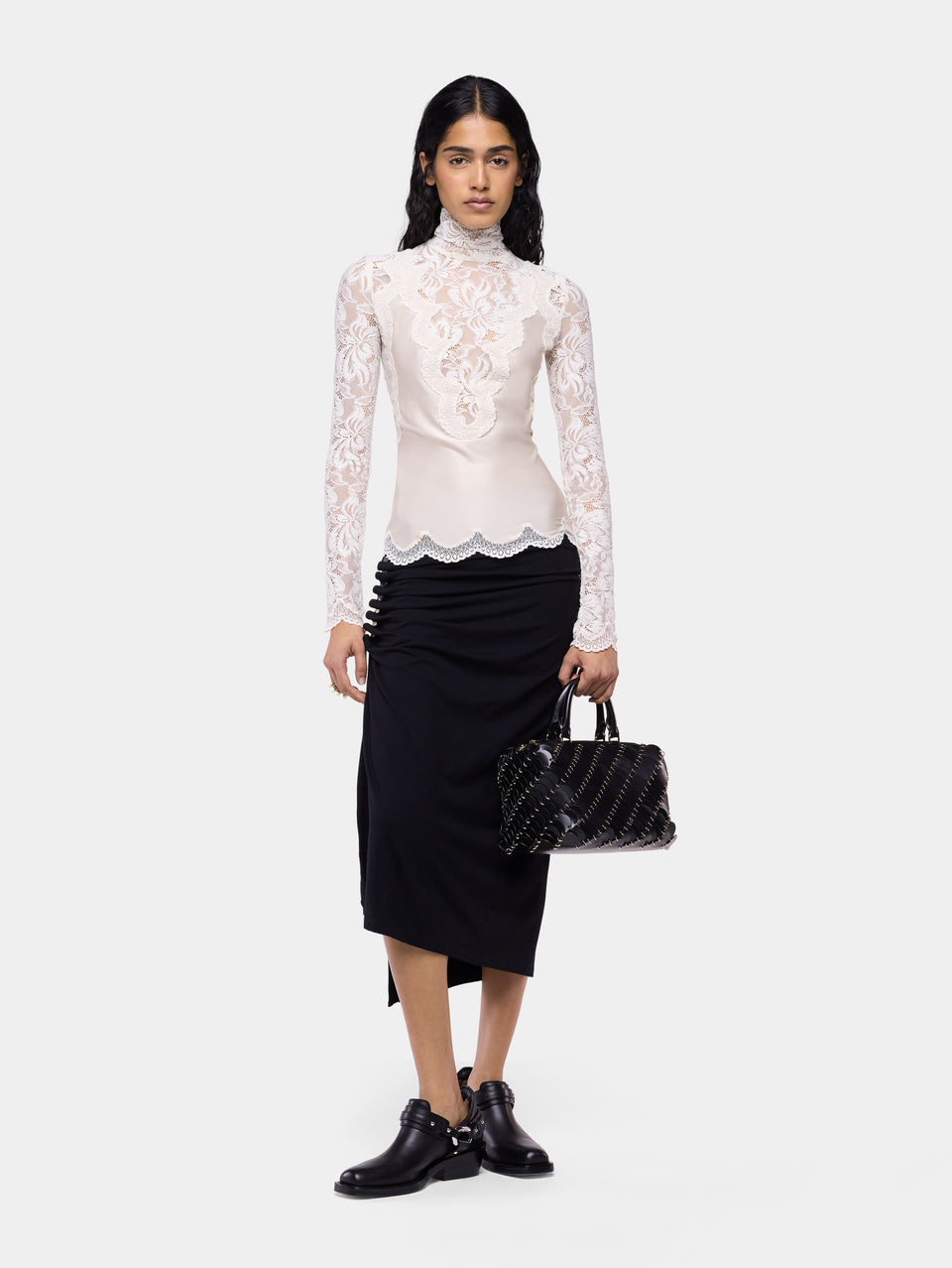 Ivory long-sleeved top in lace and jersey - Image 1