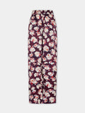 Pantalon droit magenta à motif floral en satin de soie
