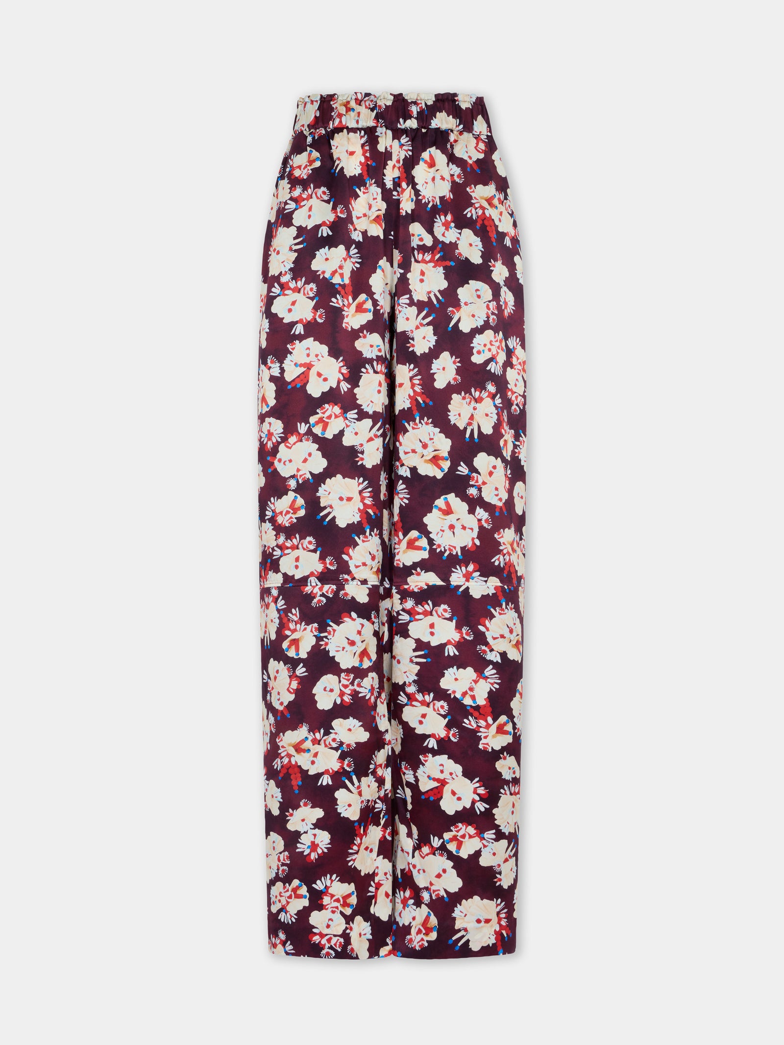 Pantalon droit magenta à motif floral en satin de soie - Image 1