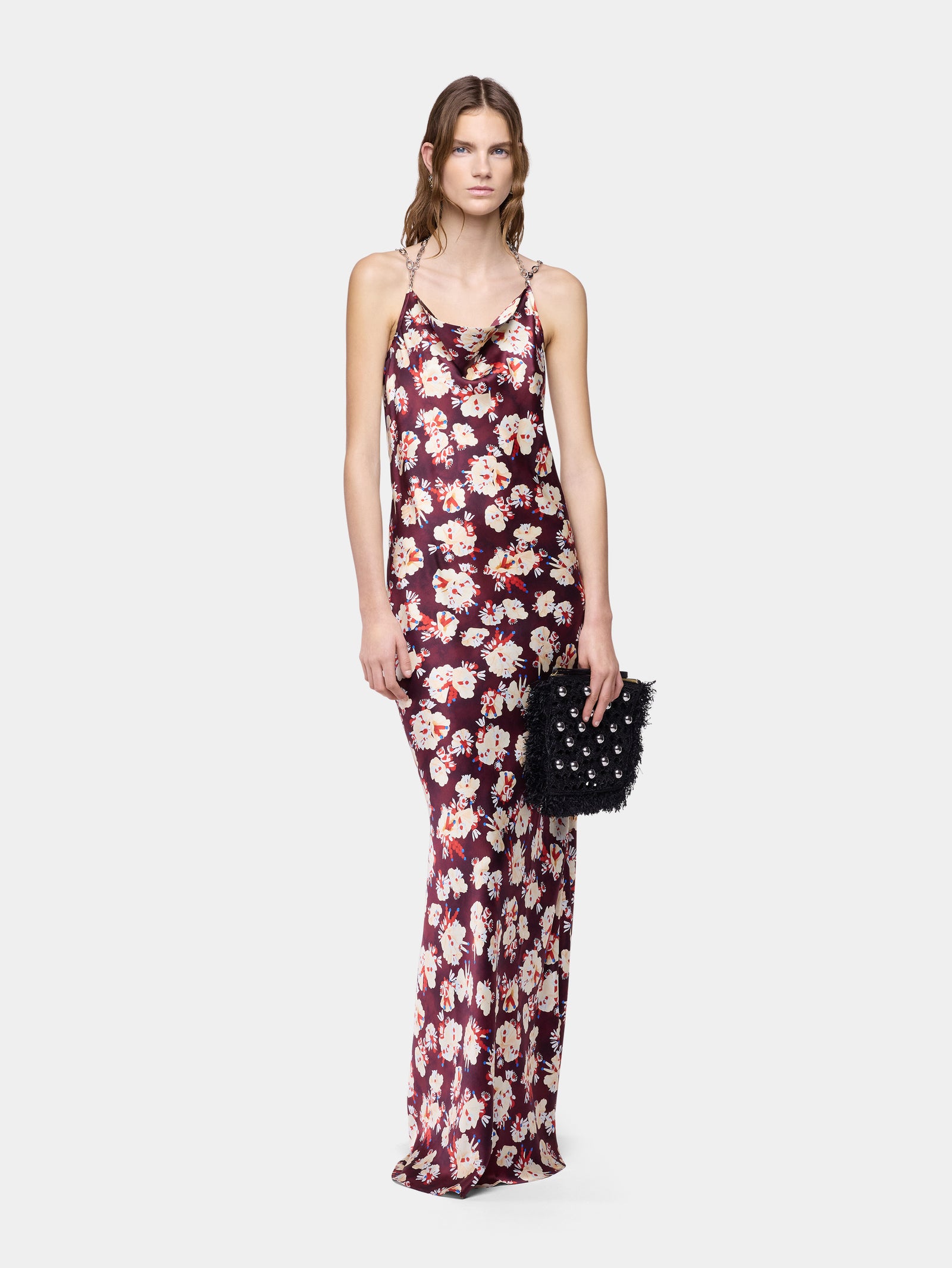 Robe longue magenta à motif floral en satin de soie - Image 2