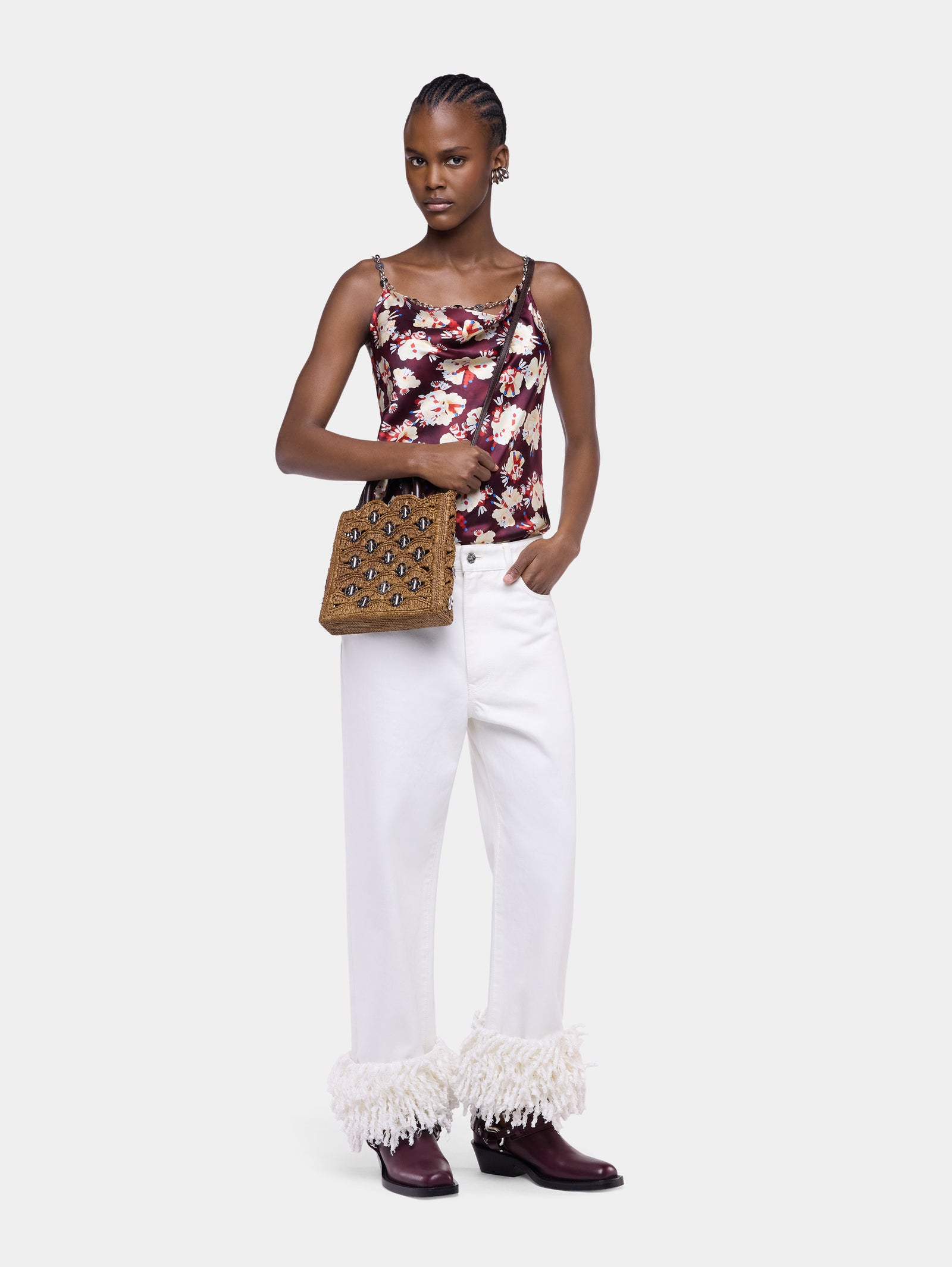Top magenta à motif floral en satin de soie - Image 2