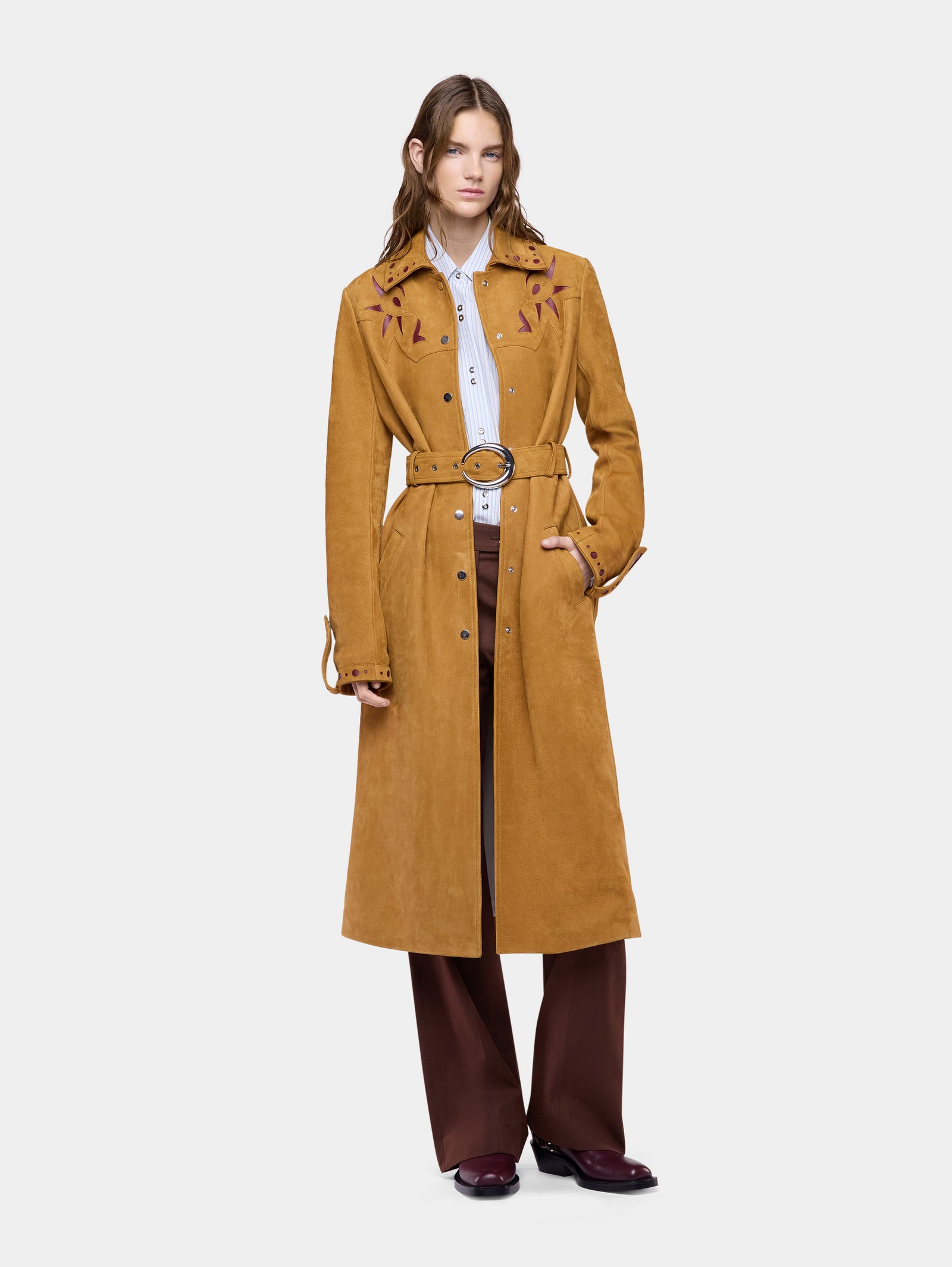 Straight camel leather trench coat with embellishments - Image 2