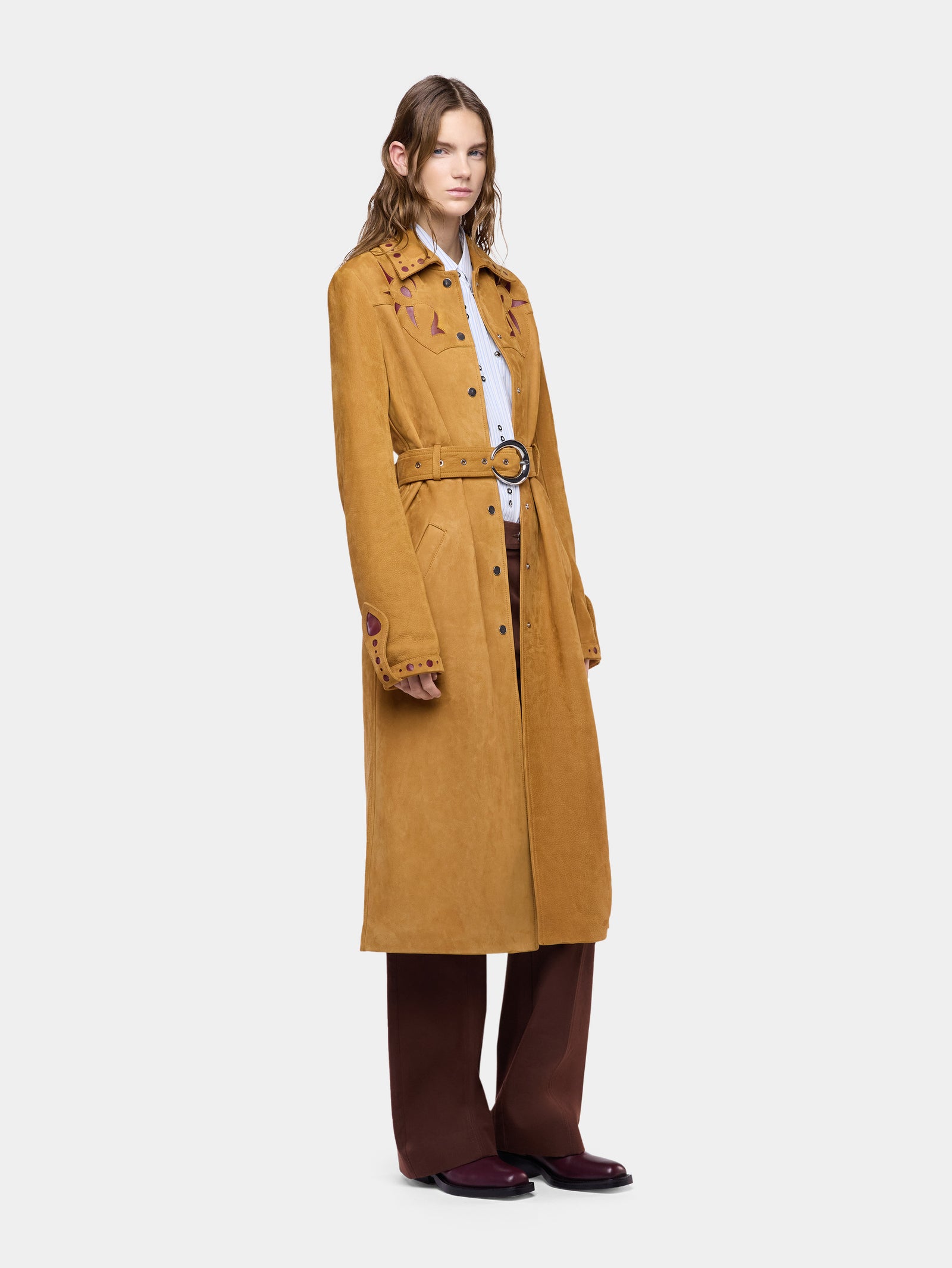 Straight camel leather trench coat with embellishments - Image 3