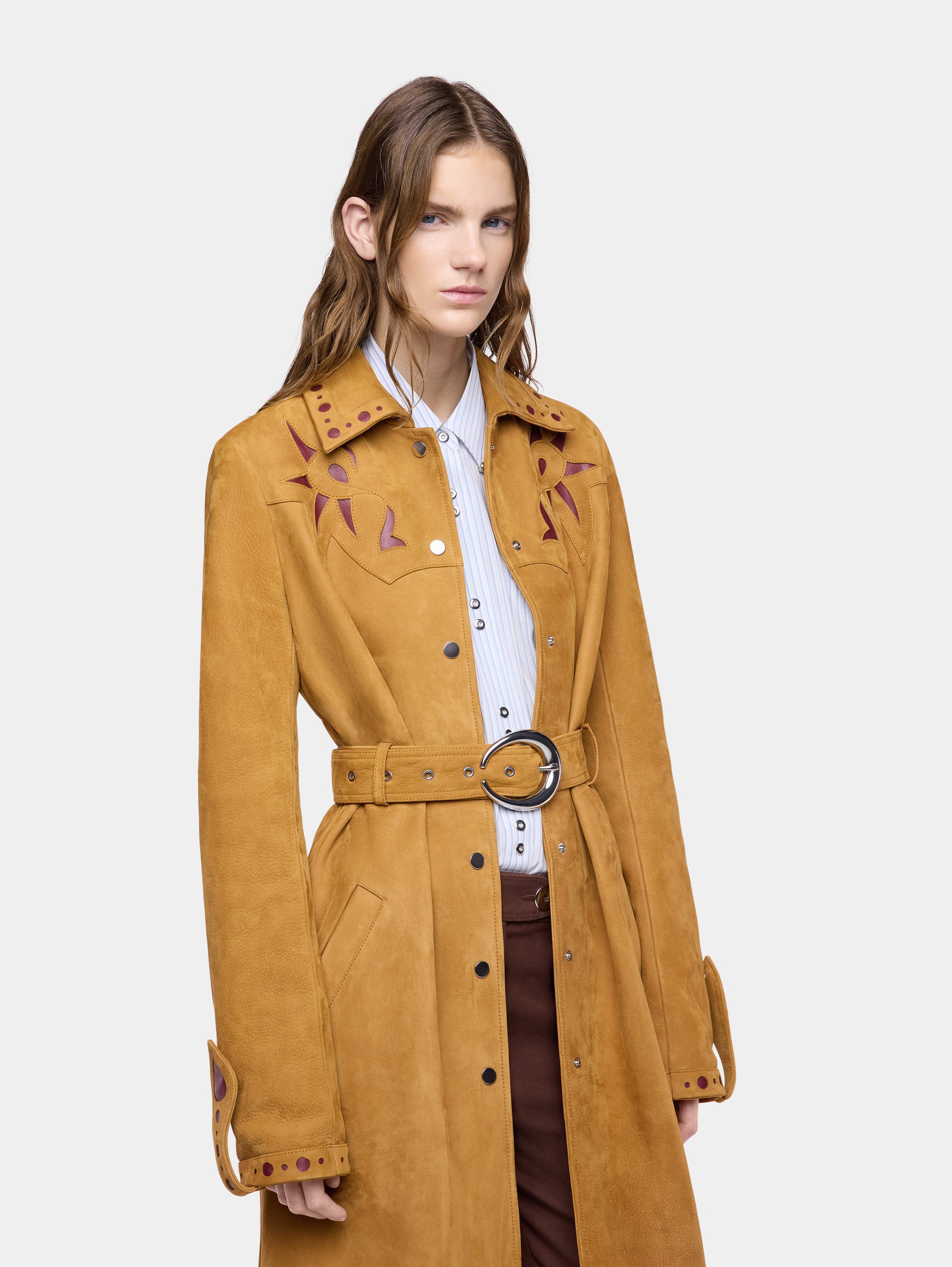 Straight camel leather trench coat with embellishments