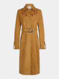 Trench-coat droit en cuir camel avec ornements