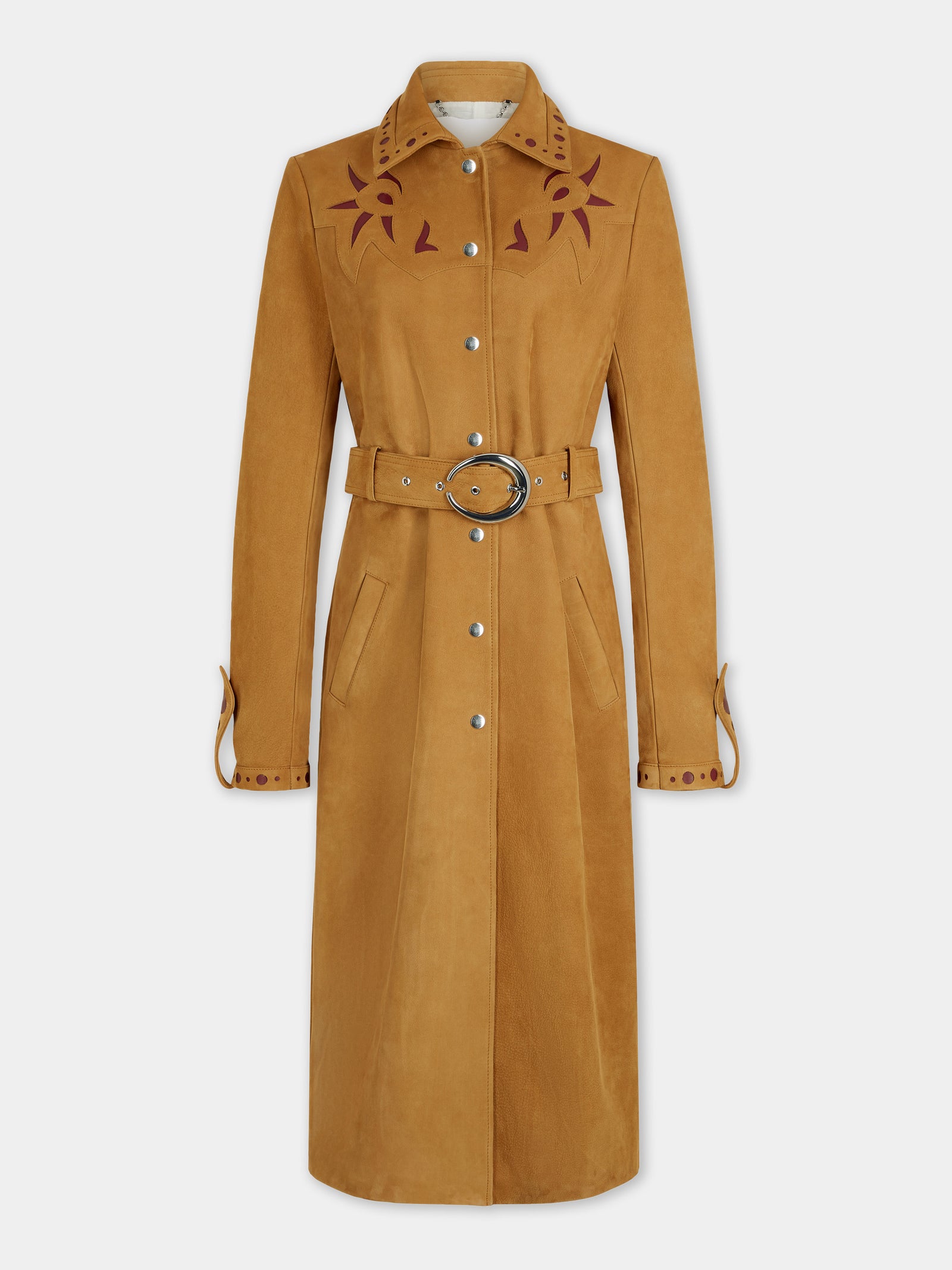 Straight camel leather trench coat with embellishments - Image 1