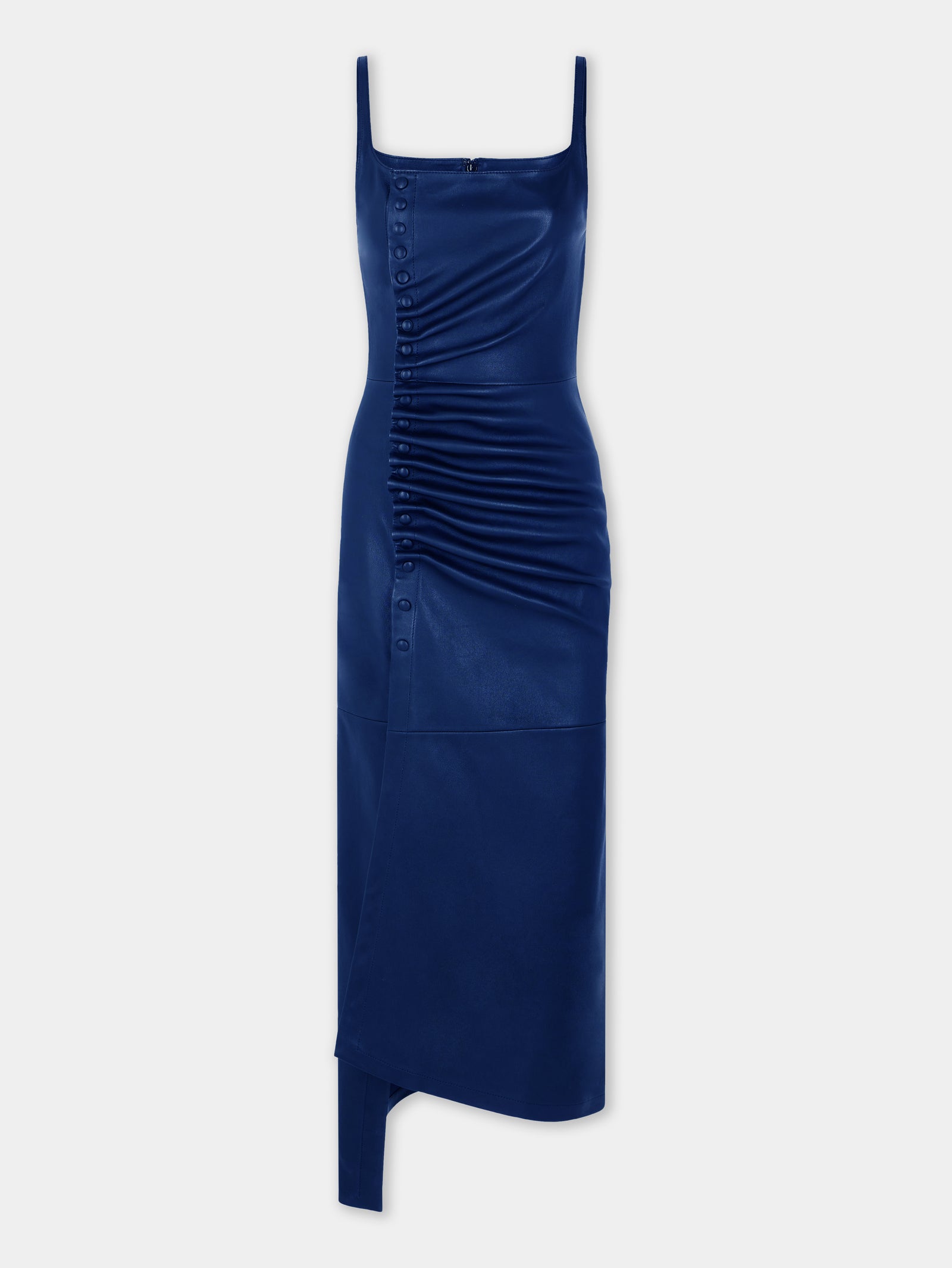 Draped midi dress in navy blue lambskin - Image 1
