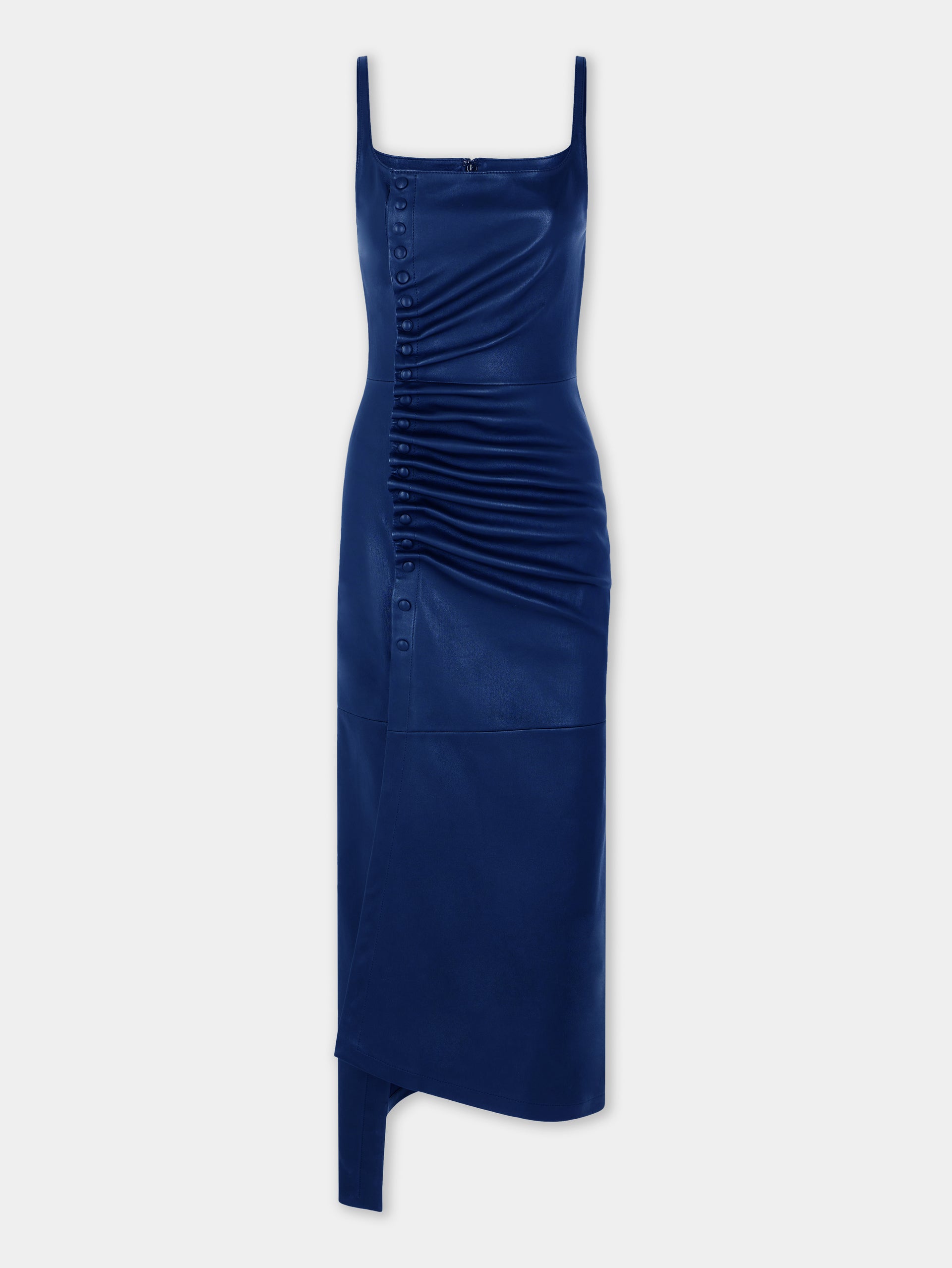 Draped midi dress in navy blue lambskin