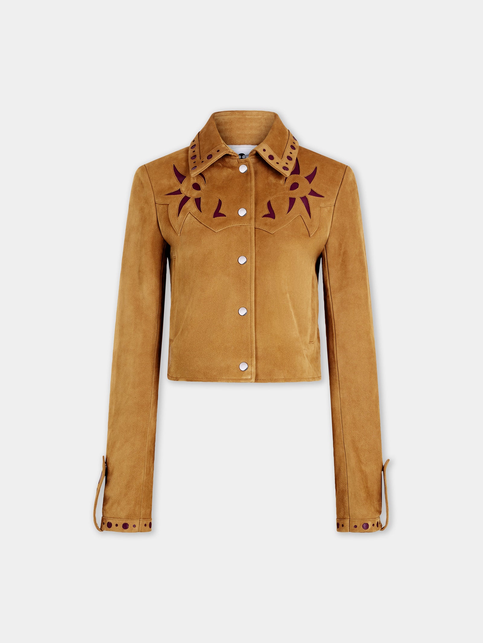Fitted camel leather jacket with embellishments - Image 1