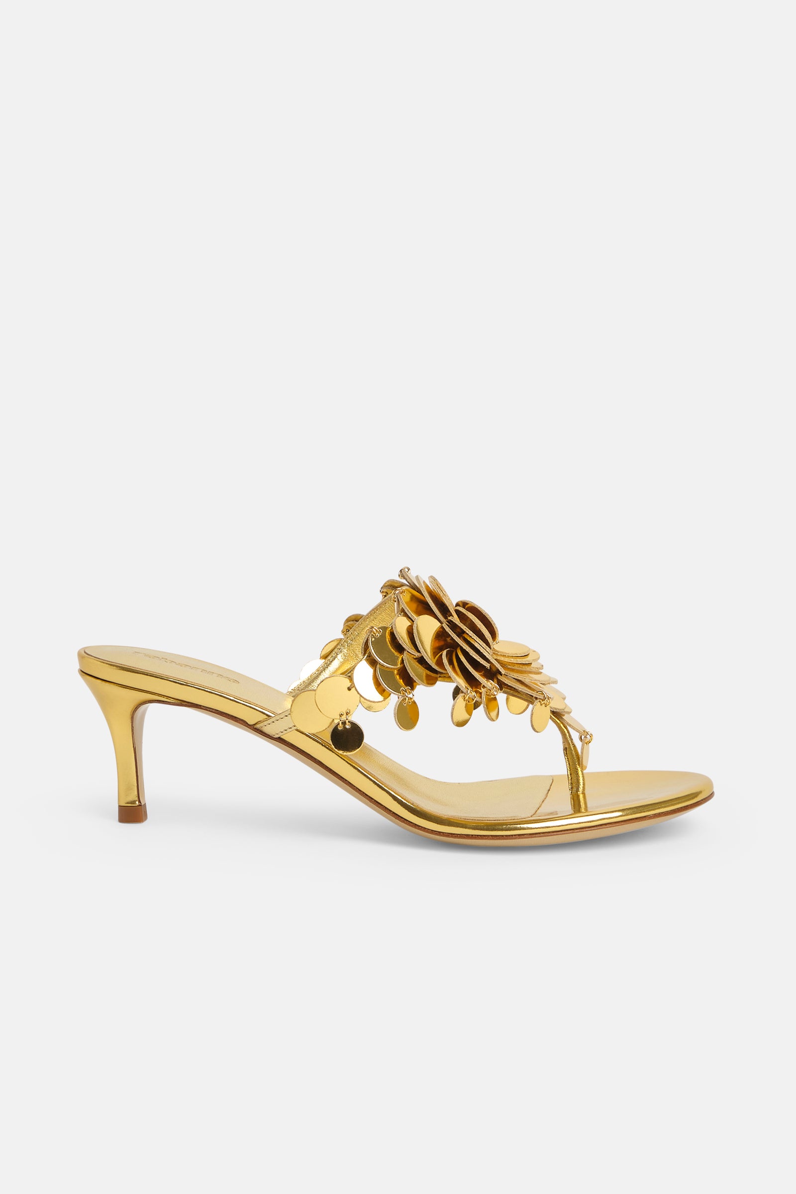 Kitten heel sandals in gold with sequins embellishments - Image 1