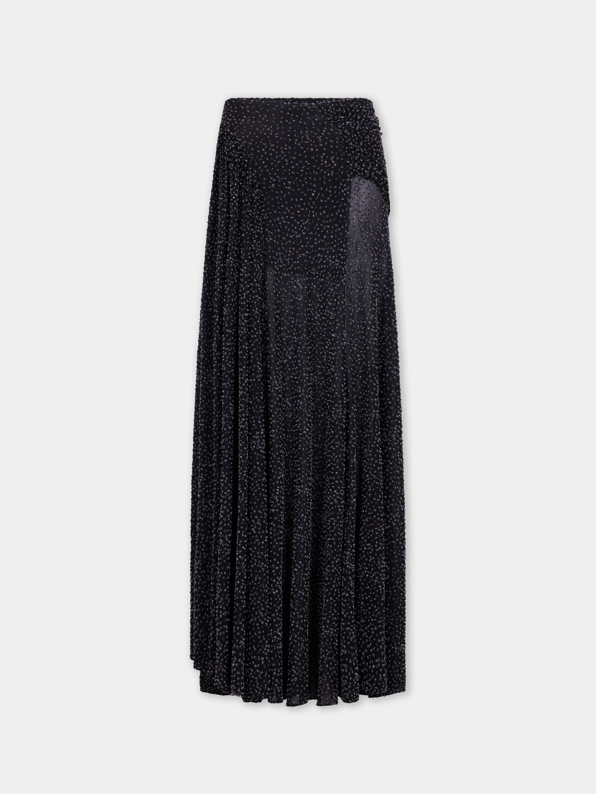 Long black textured asymmetrical skirt with ruched details