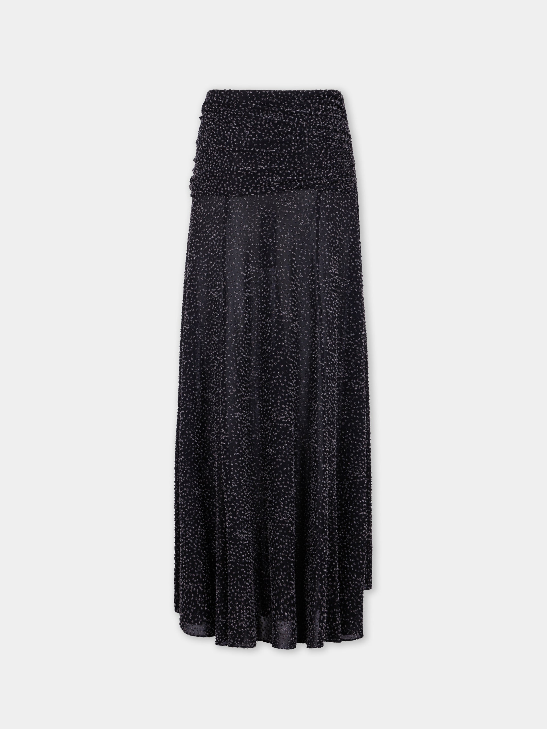 Long black textured asymmetrical skirt with ruched details