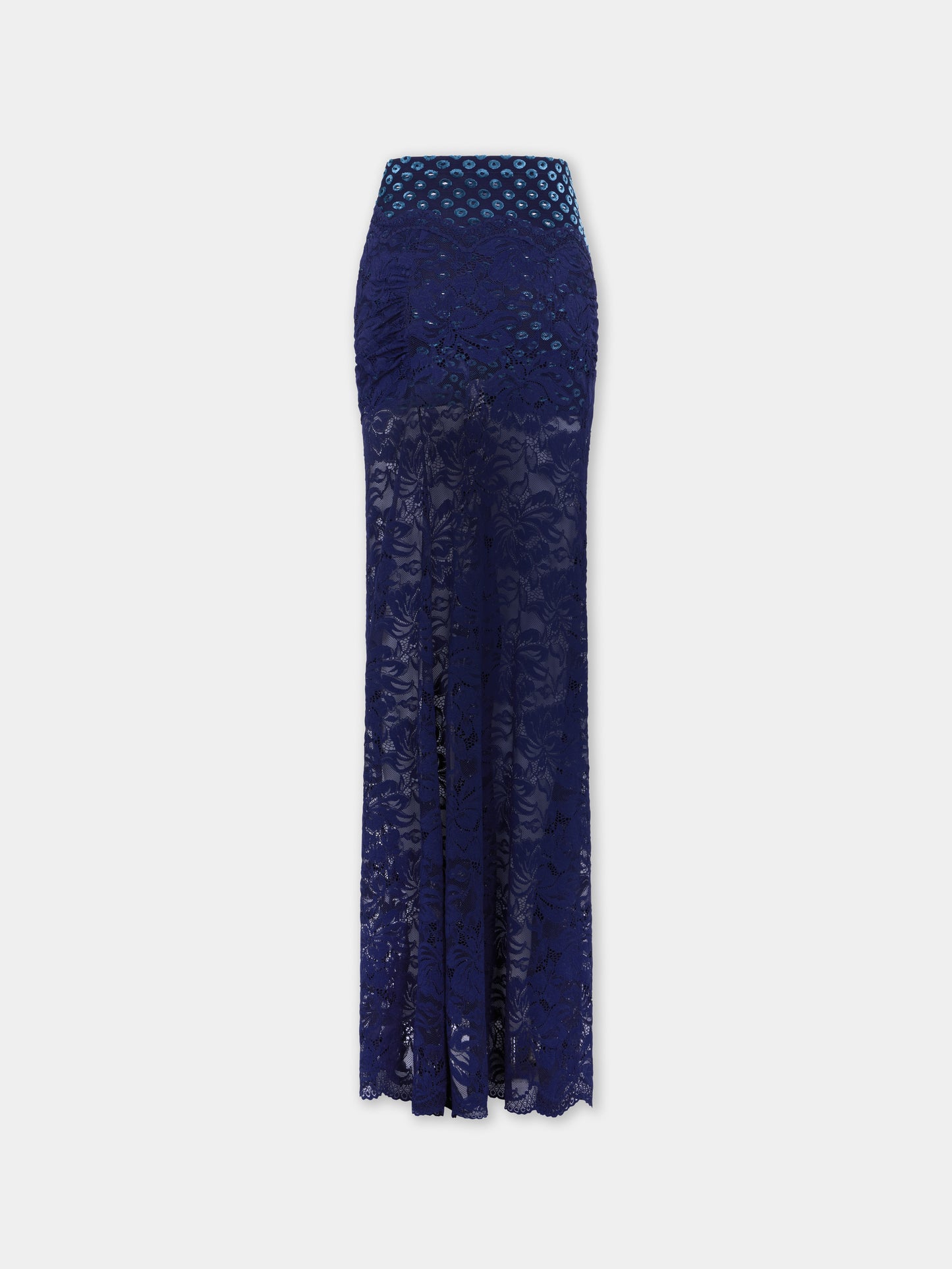 Long navy blue trompe-l'œil lace skirt
