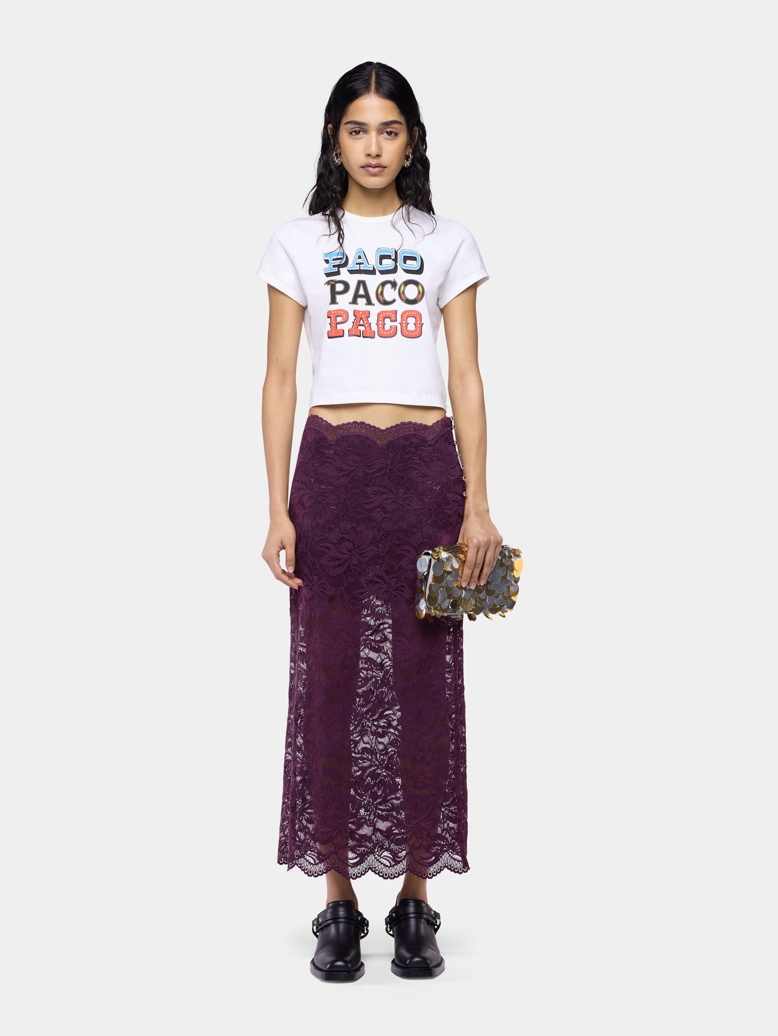 Midi skirt in magenta layered lace - Image 2