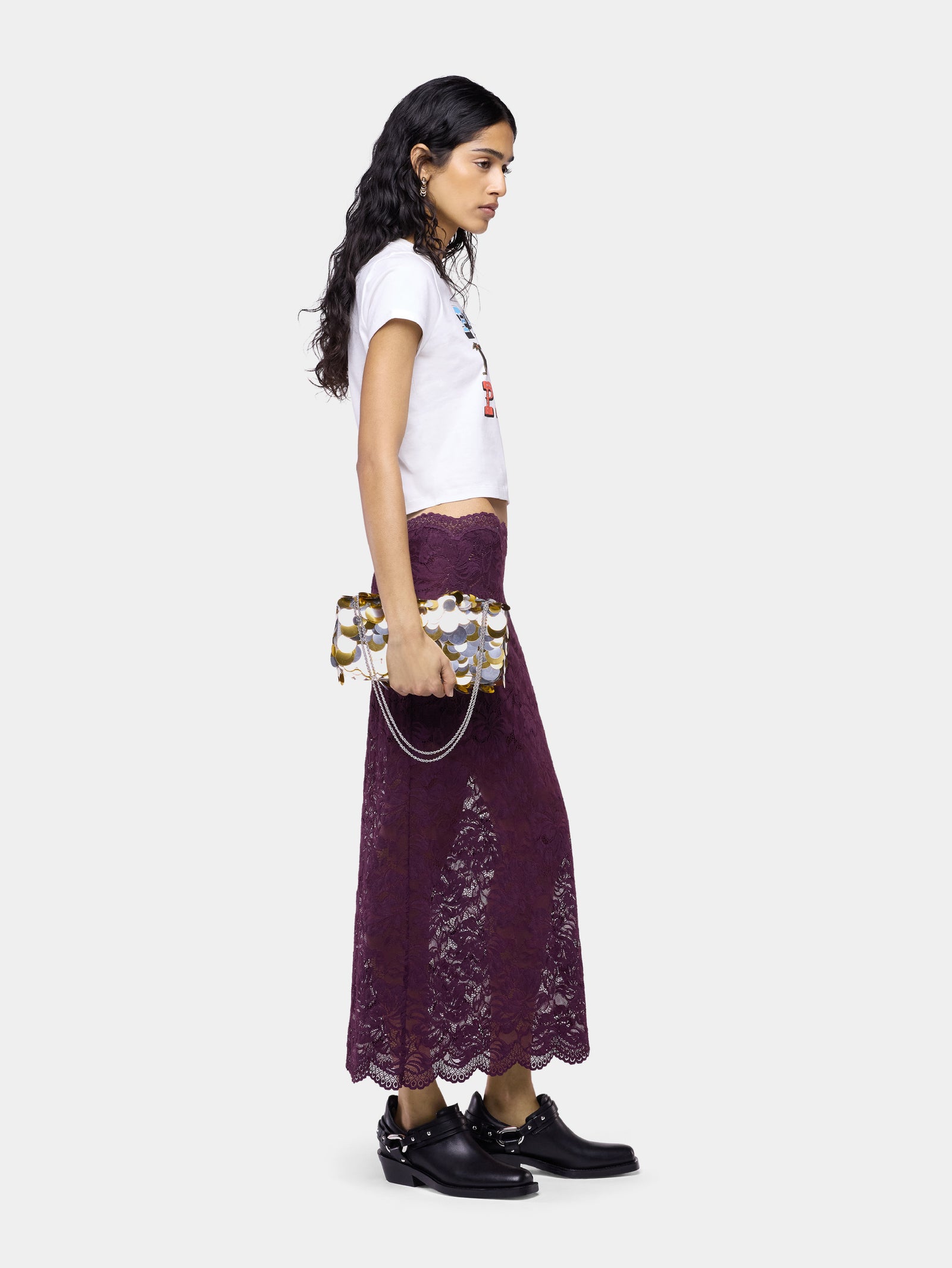 Midi skirt in magenta layered lace - Image 3