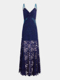 Long navy blue trompe-l'œil lace dress
