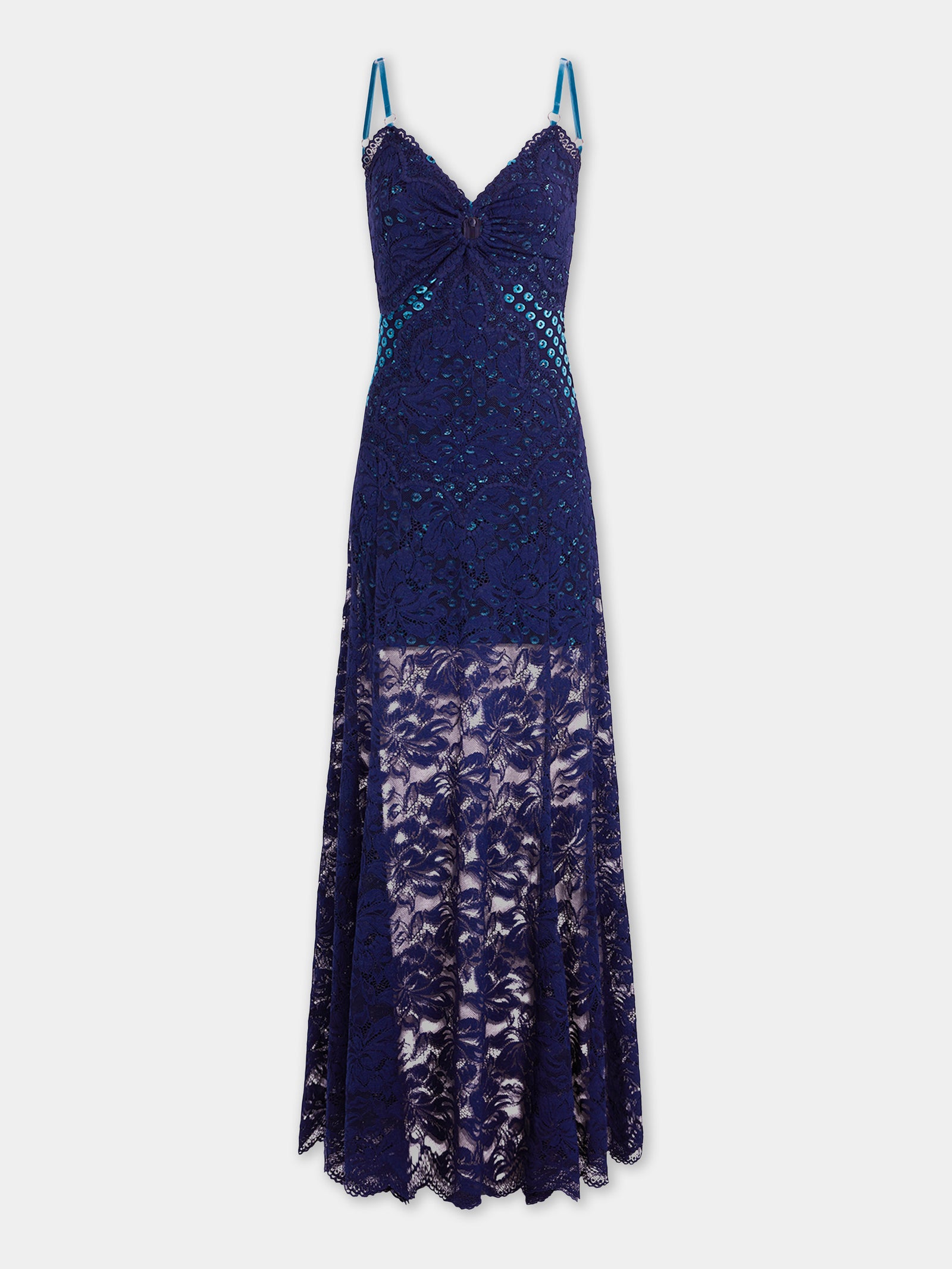Long navy blue trompe-l'œil lace dress - Image 1