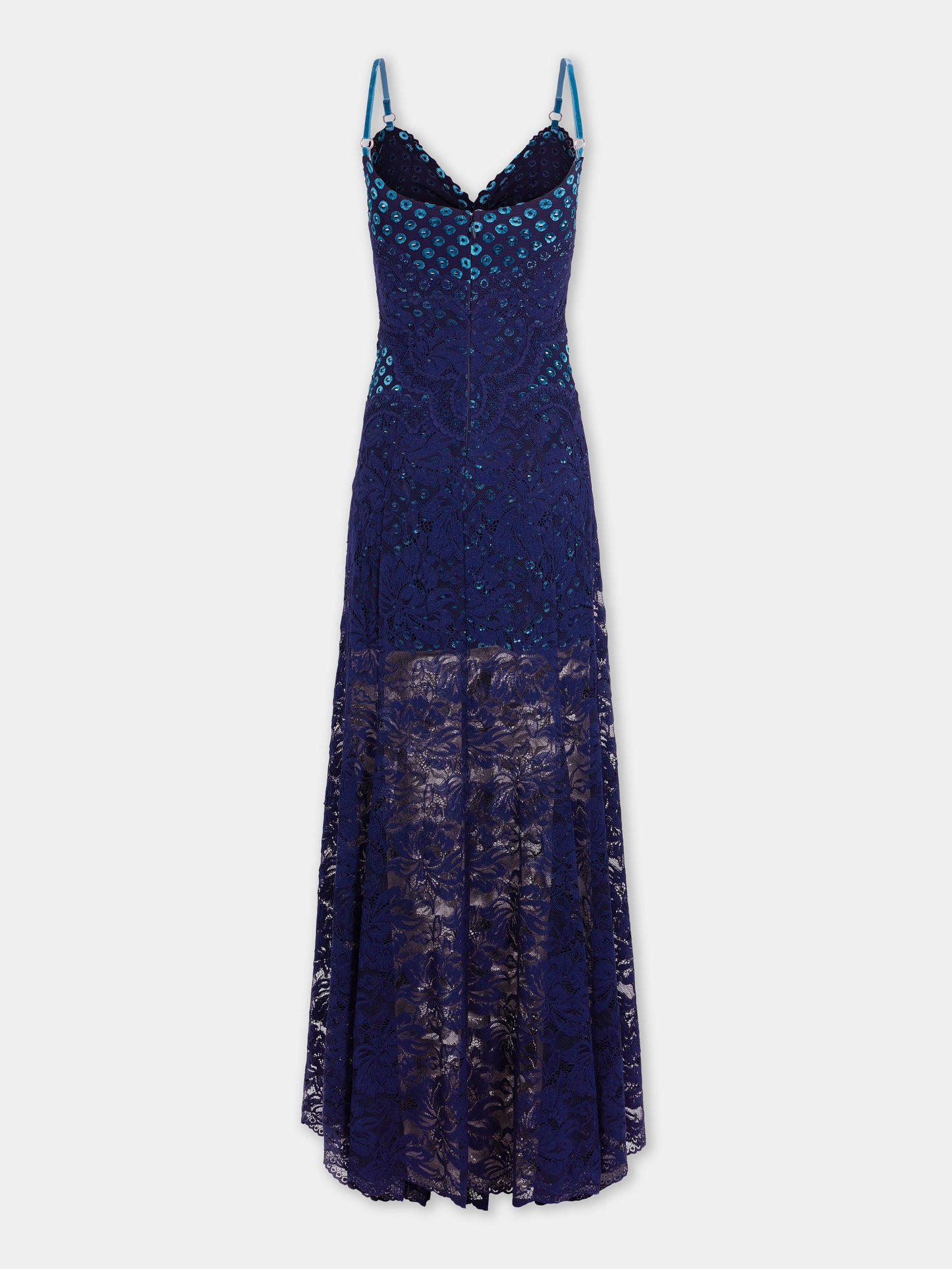 Longue robe bleu marine en dentelle trompe-l'œil