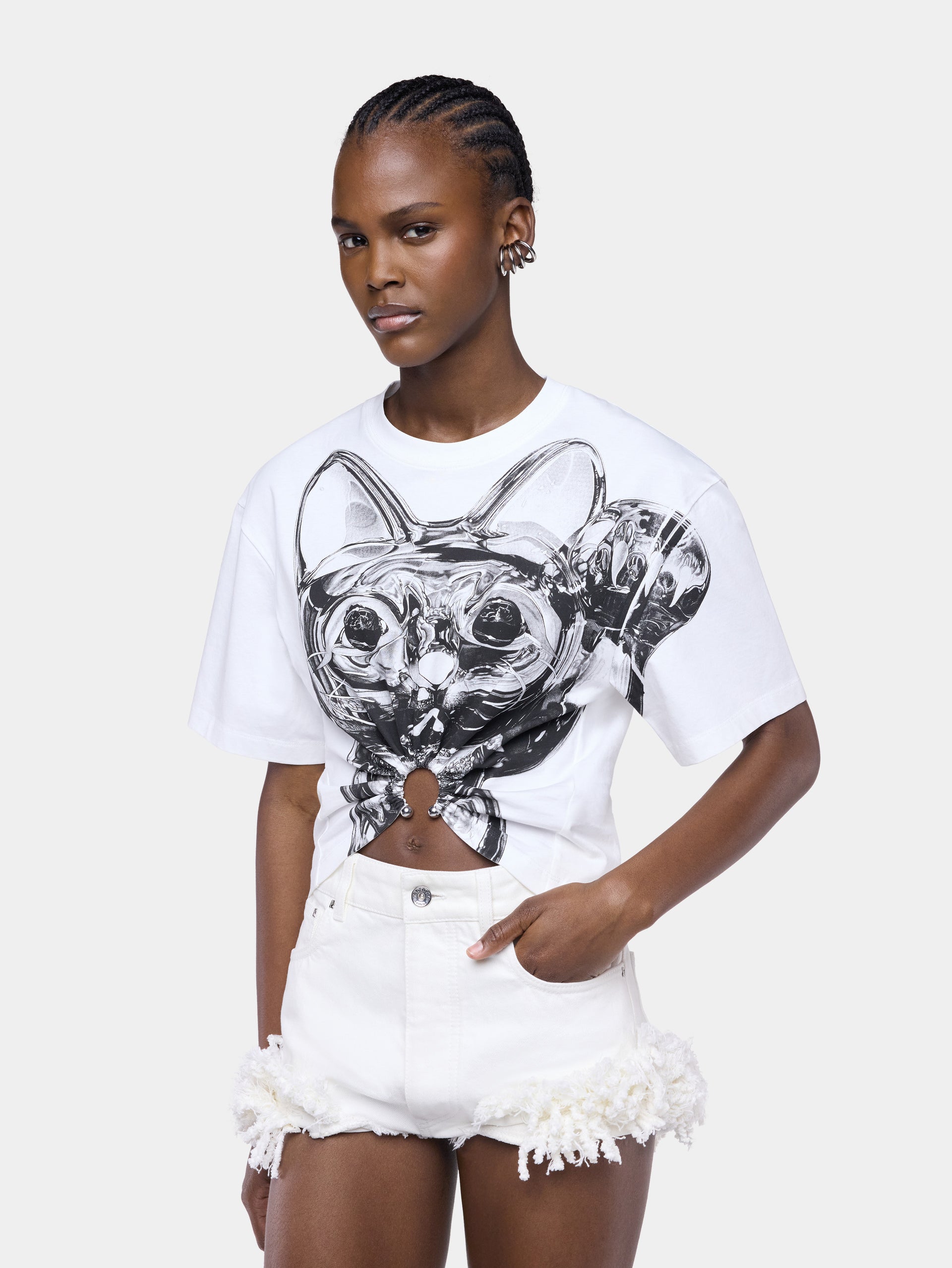 Ohmori x Rabanne cat print piercing t-shirt