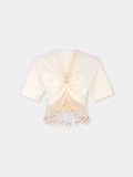 Crop top en coton crème avec détails de franges perlées