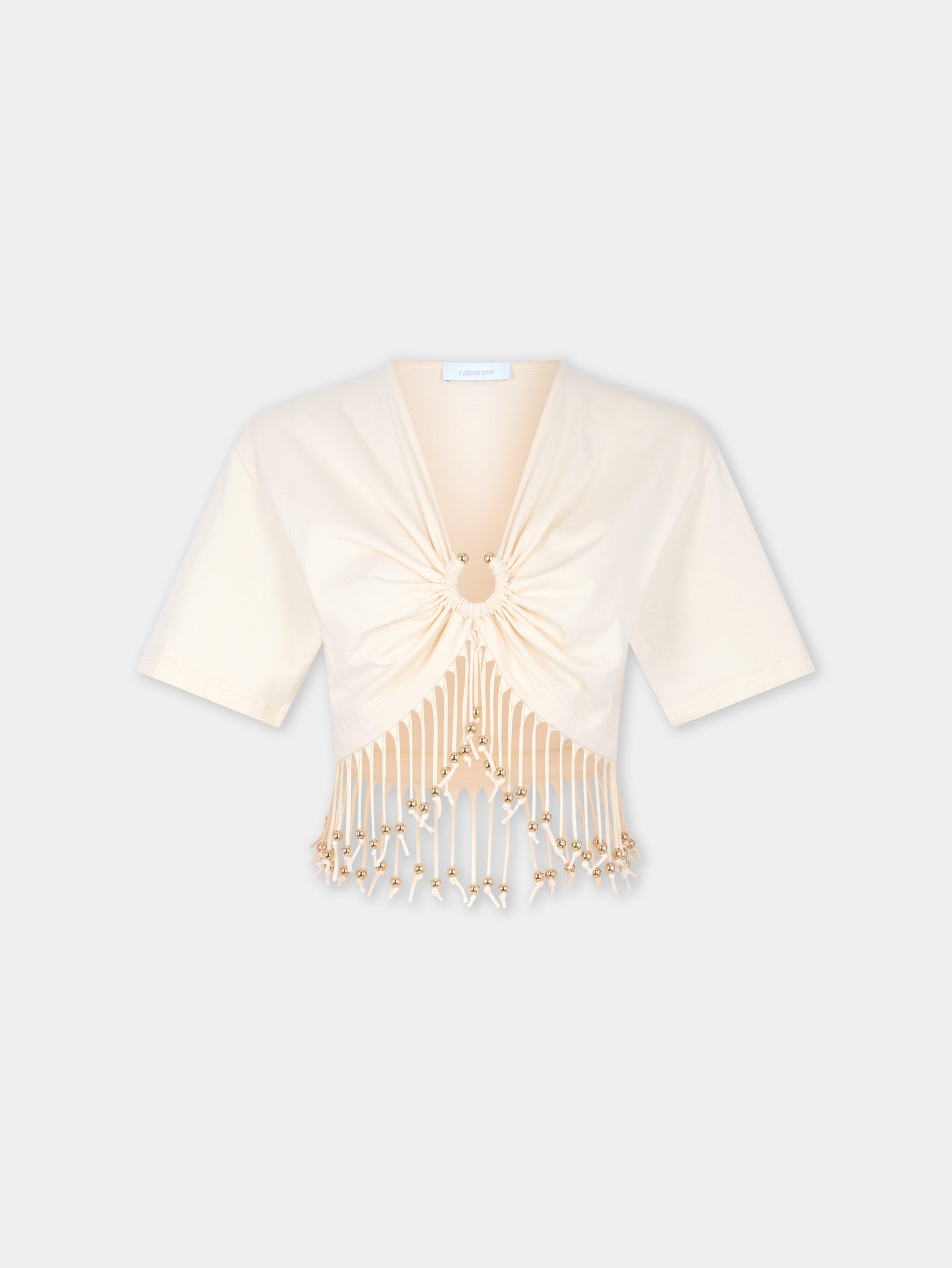 Cream cotton crop top with beaded fringe details - Image 1