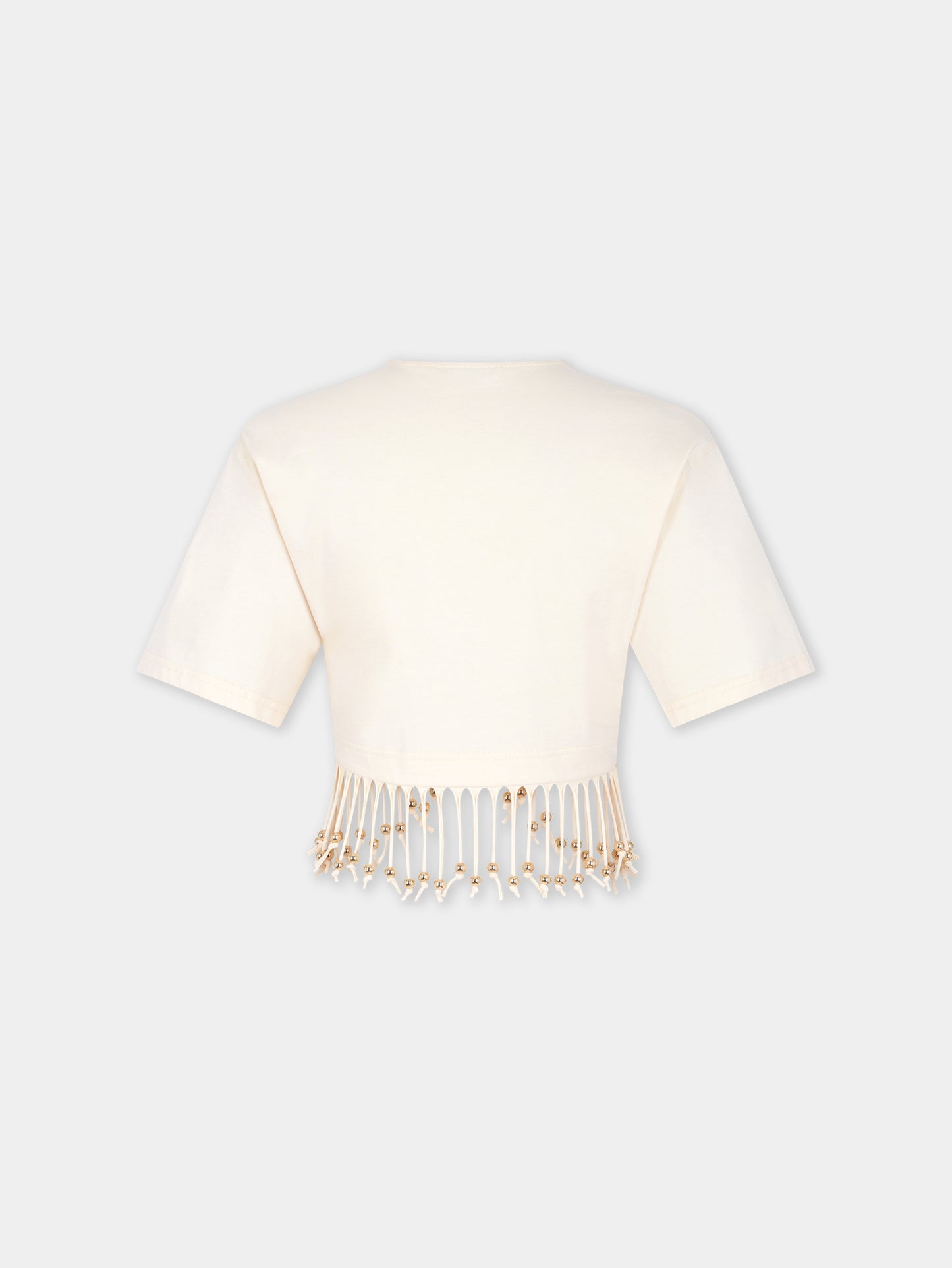 Crop top en coton crème avec détails de franges perlées