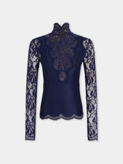 Navy long-sleeve top in lace and jersey