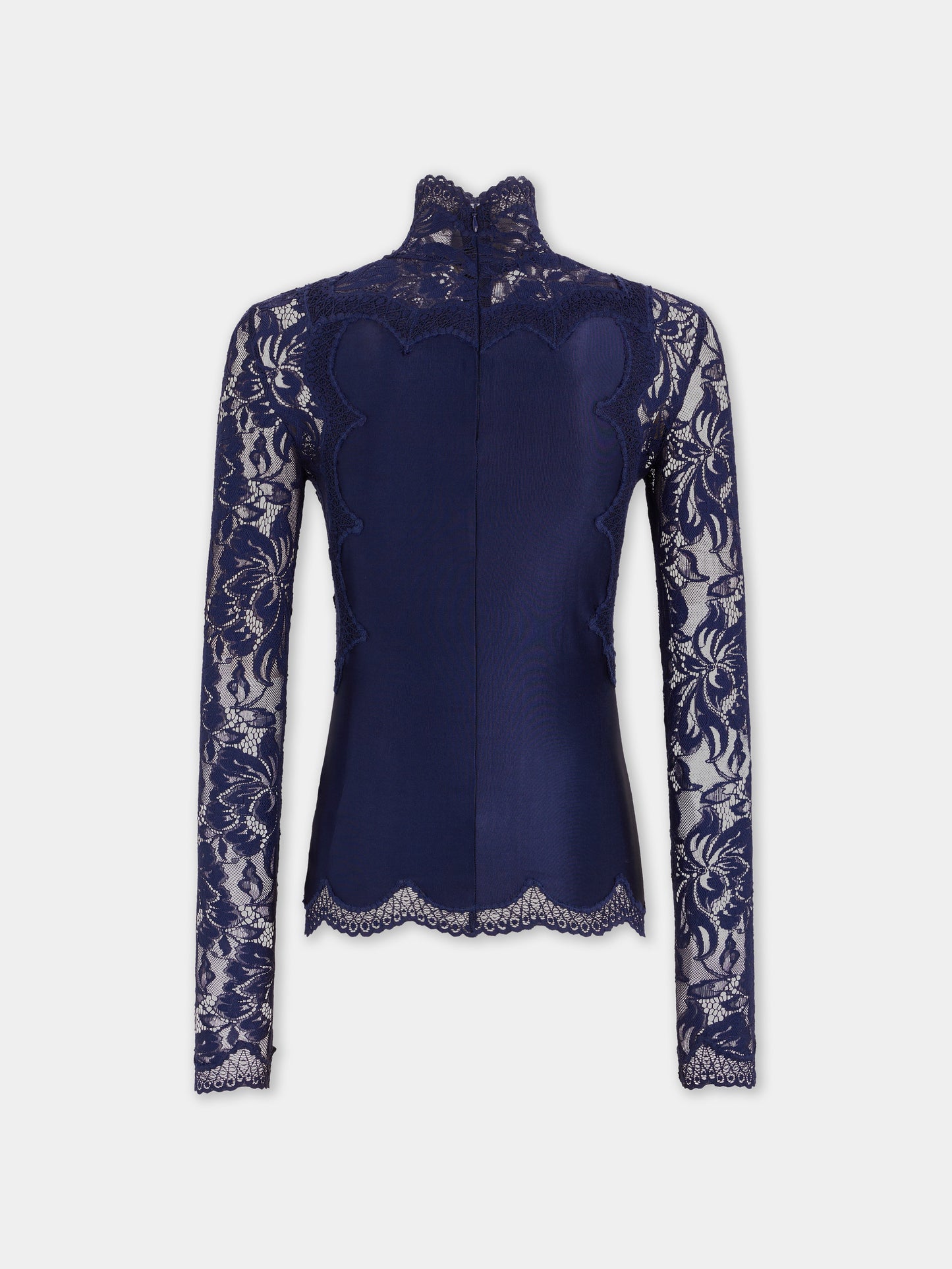 Navy long-sleeve top in lace and jersey