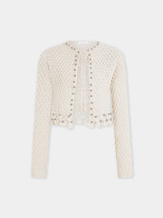 Handmade long-sleeve cardigan in ecru crochet