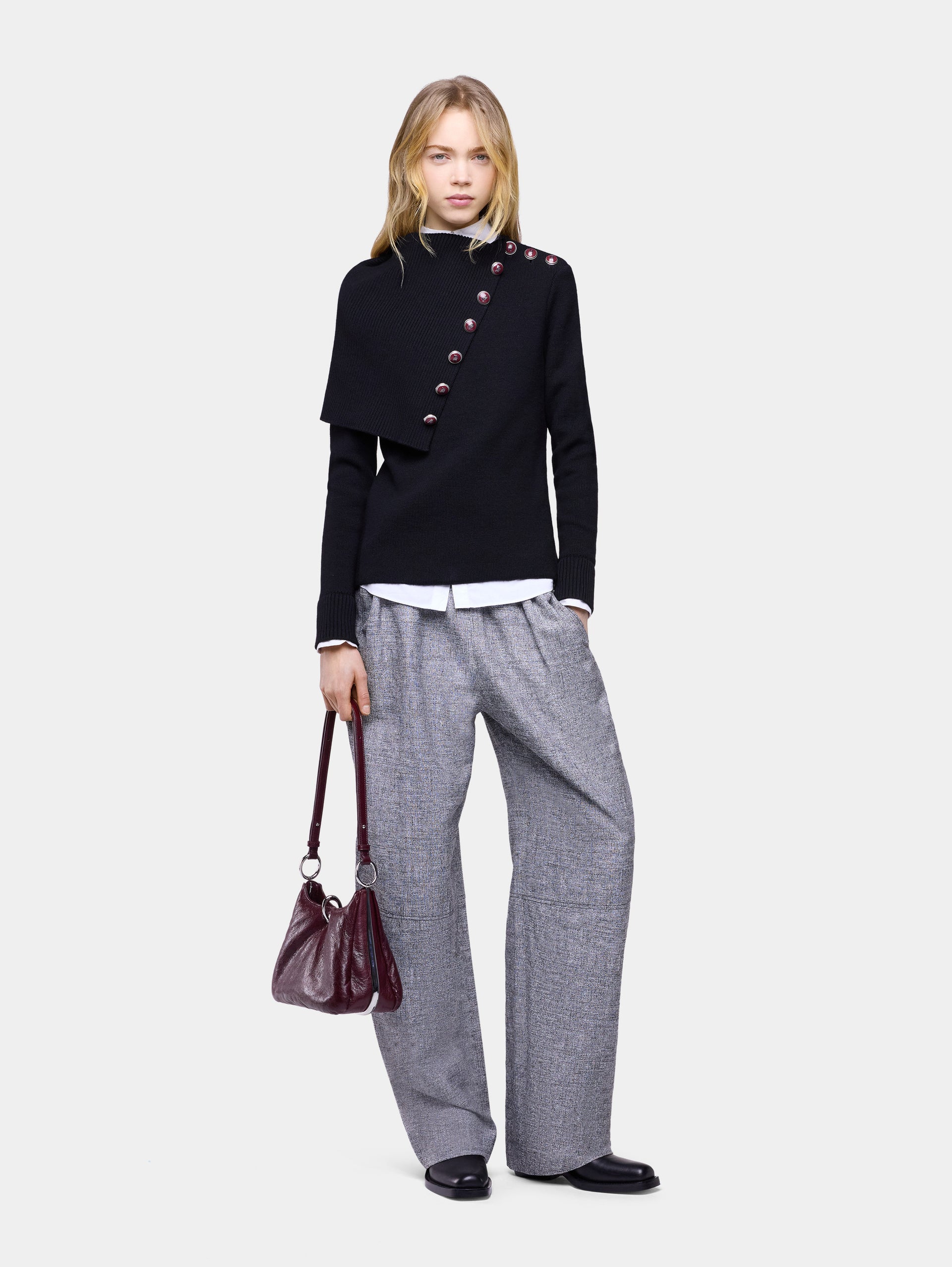 Black wool long-sleeve jumper with jewel buttons