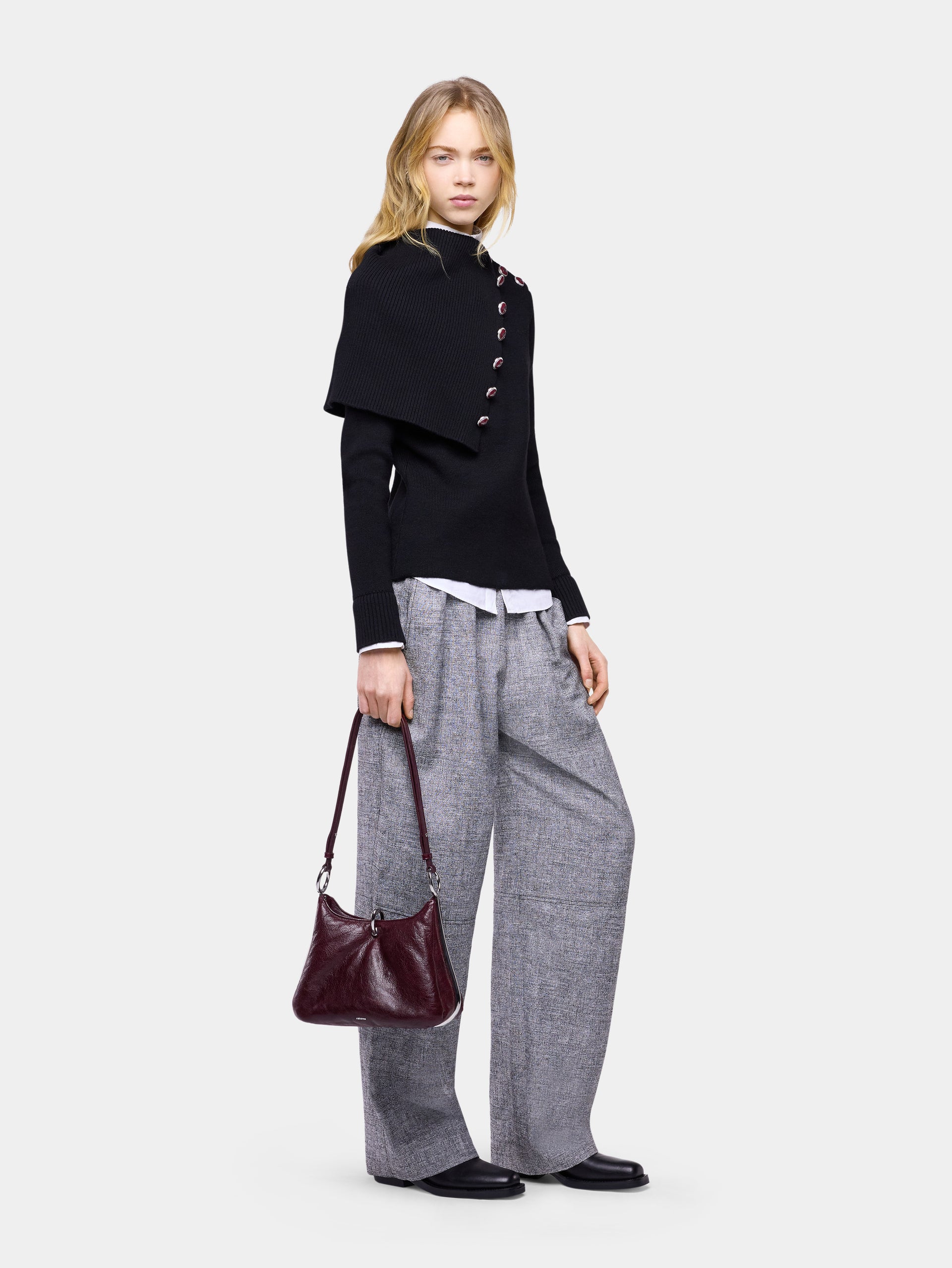 Black wool long-sleeve jumper with jewel buttons