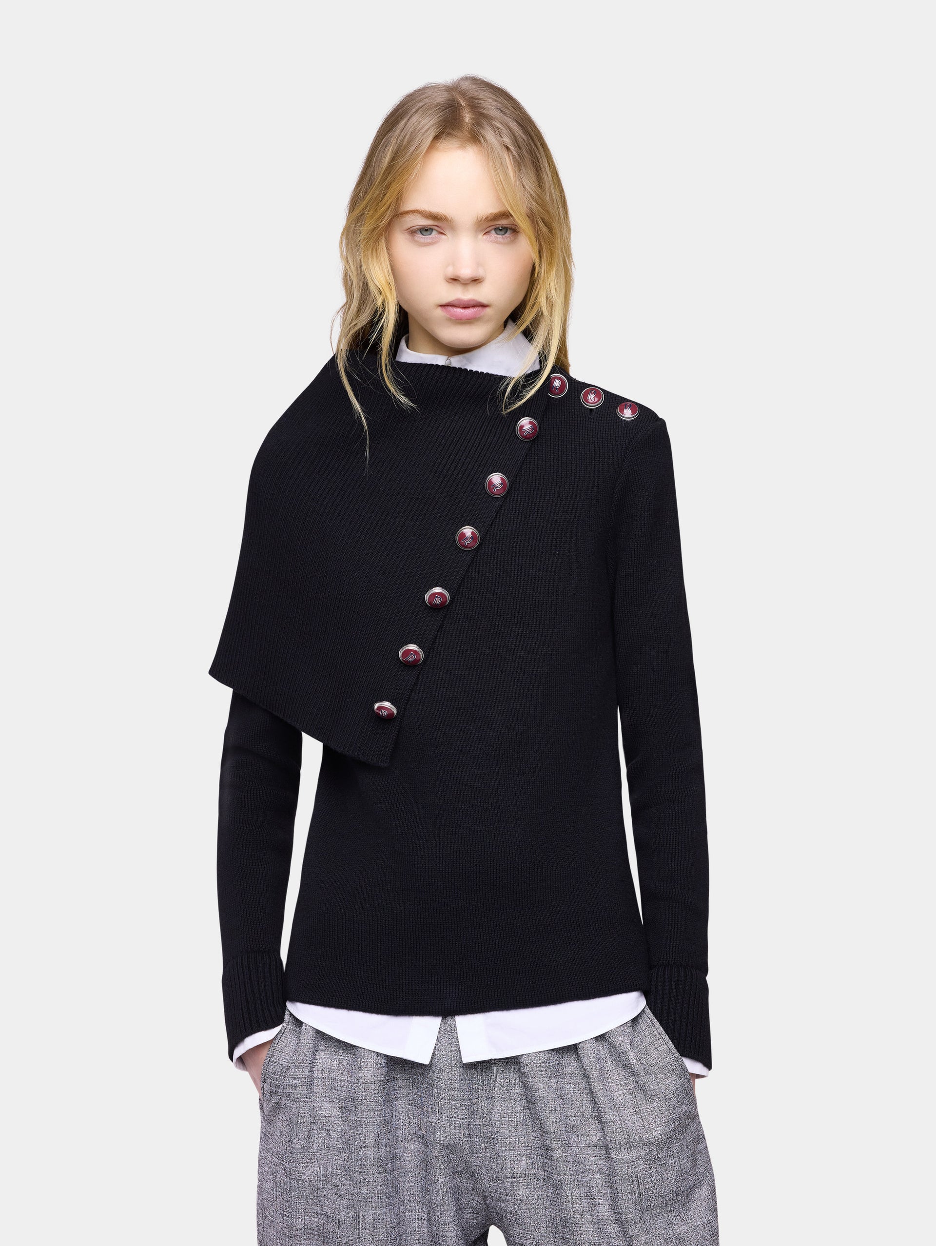Black wool long-sleeve jumper with jewel buttons