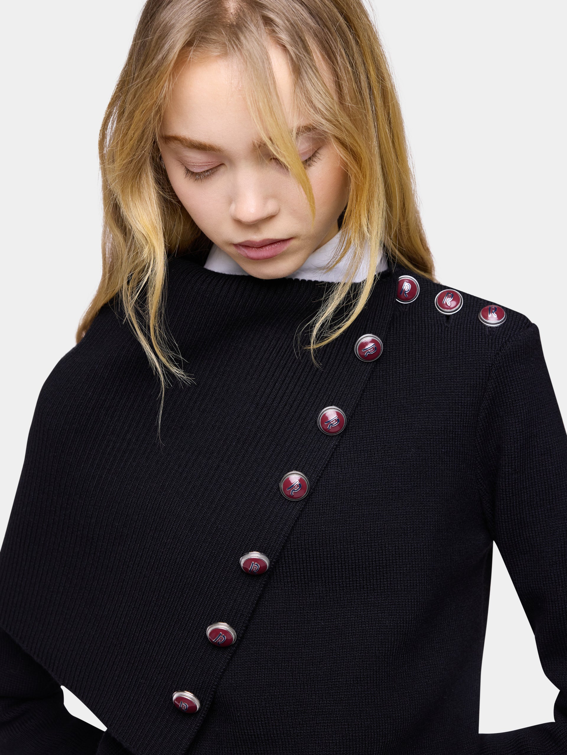 Black wool long-sleeve jumper with jewel buttons