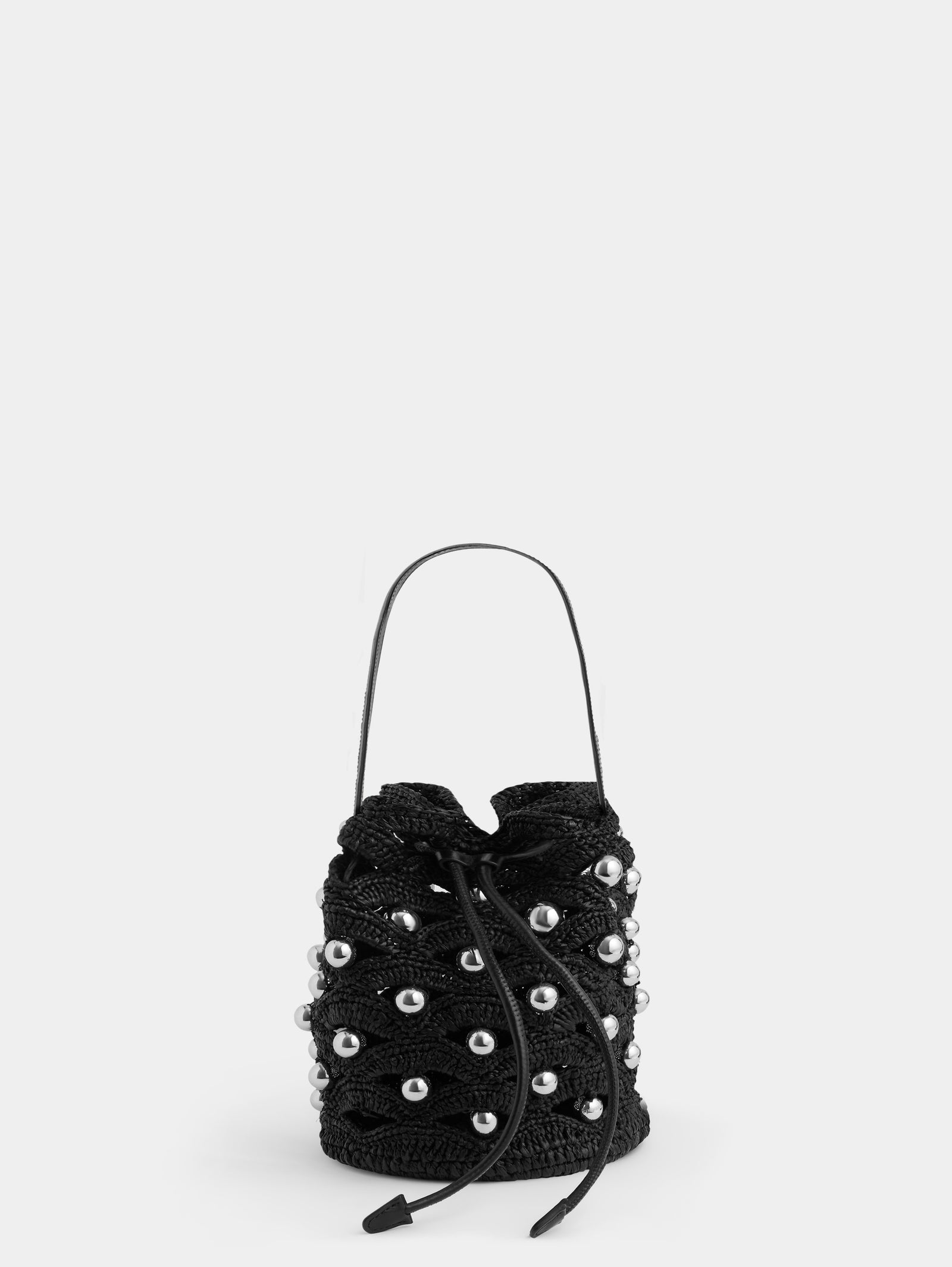 Small bucket bag in black raffia with silver pearls details - Image 1