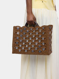 Grand sac tote en raphia naturel brun foncé avec disques 1969 argentés signature