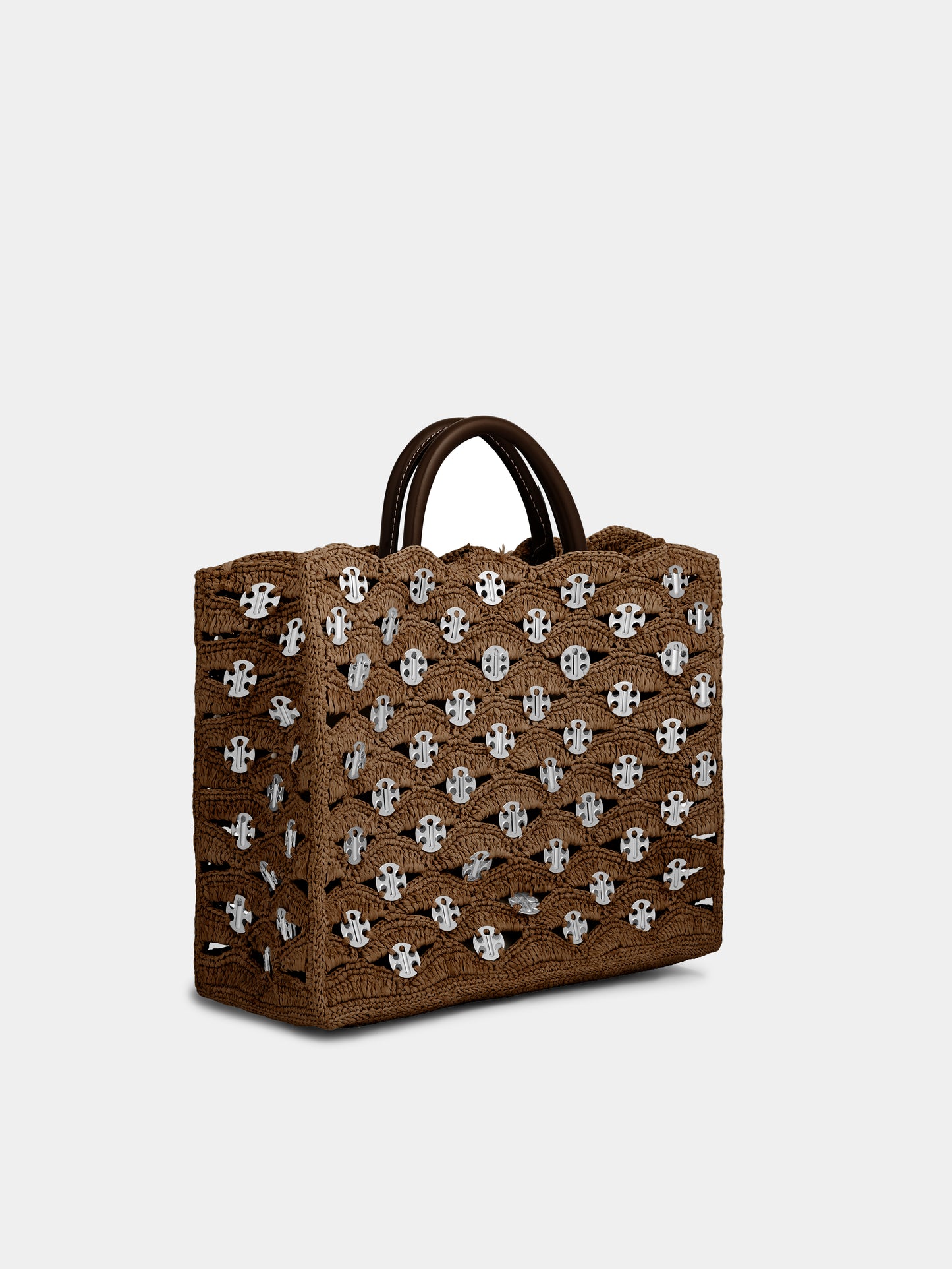 Grand sac tote en raphia naturel brun foncé avec disques 1969 argentés signature