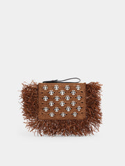 Pouch in dark brown raffia with frills details and silver signature 1969 discs