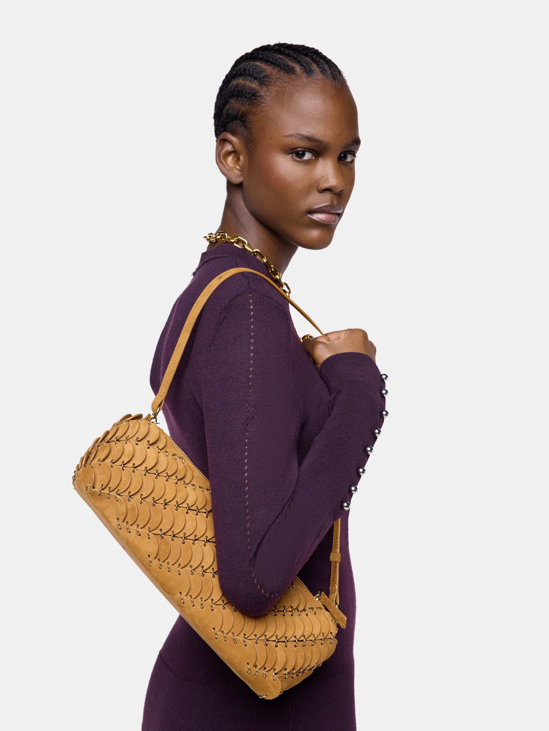 Baguette Bag in camel nubuck leather and gold finishing